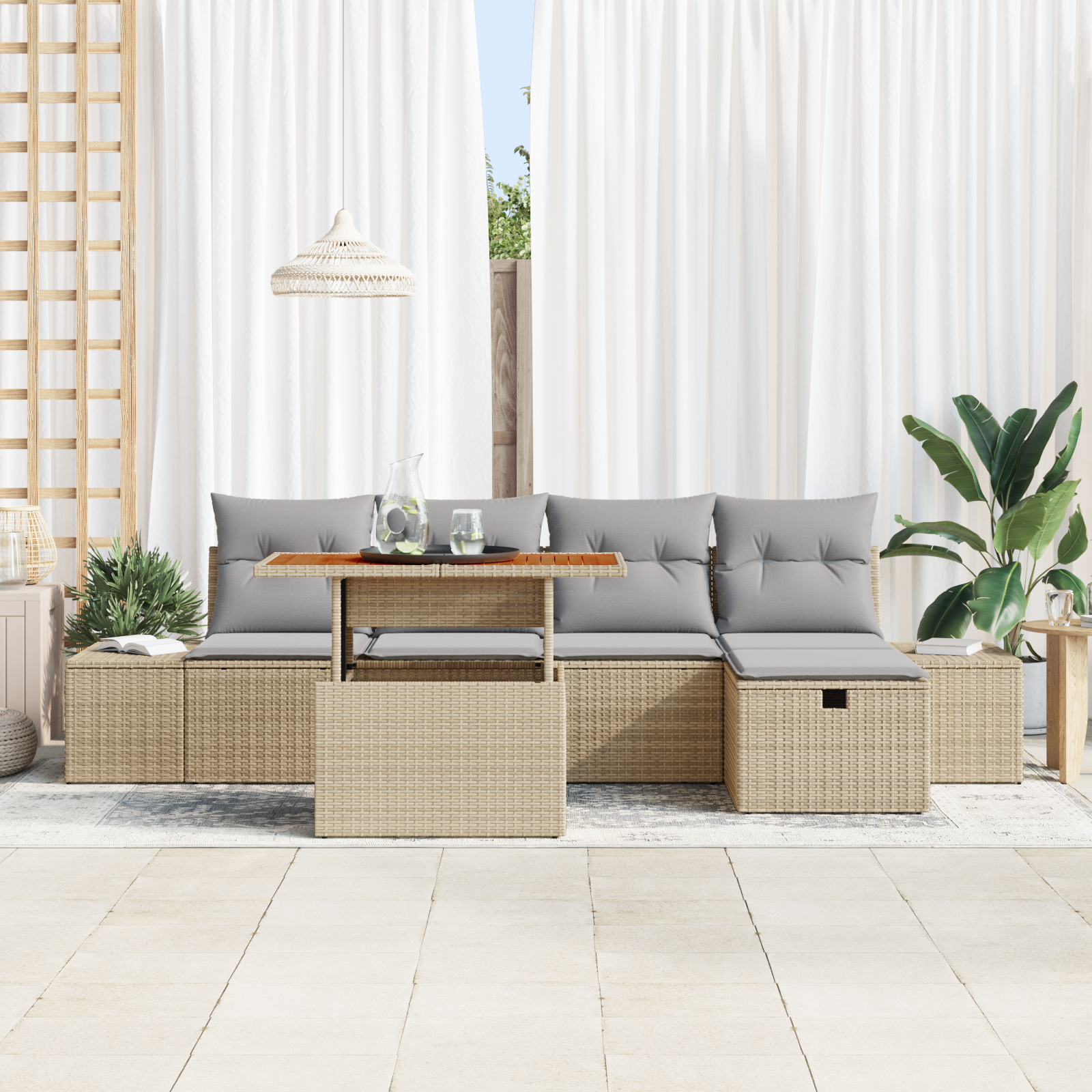 vidaXL 6-delige Tuinbankenset met kussens poly rattan beige