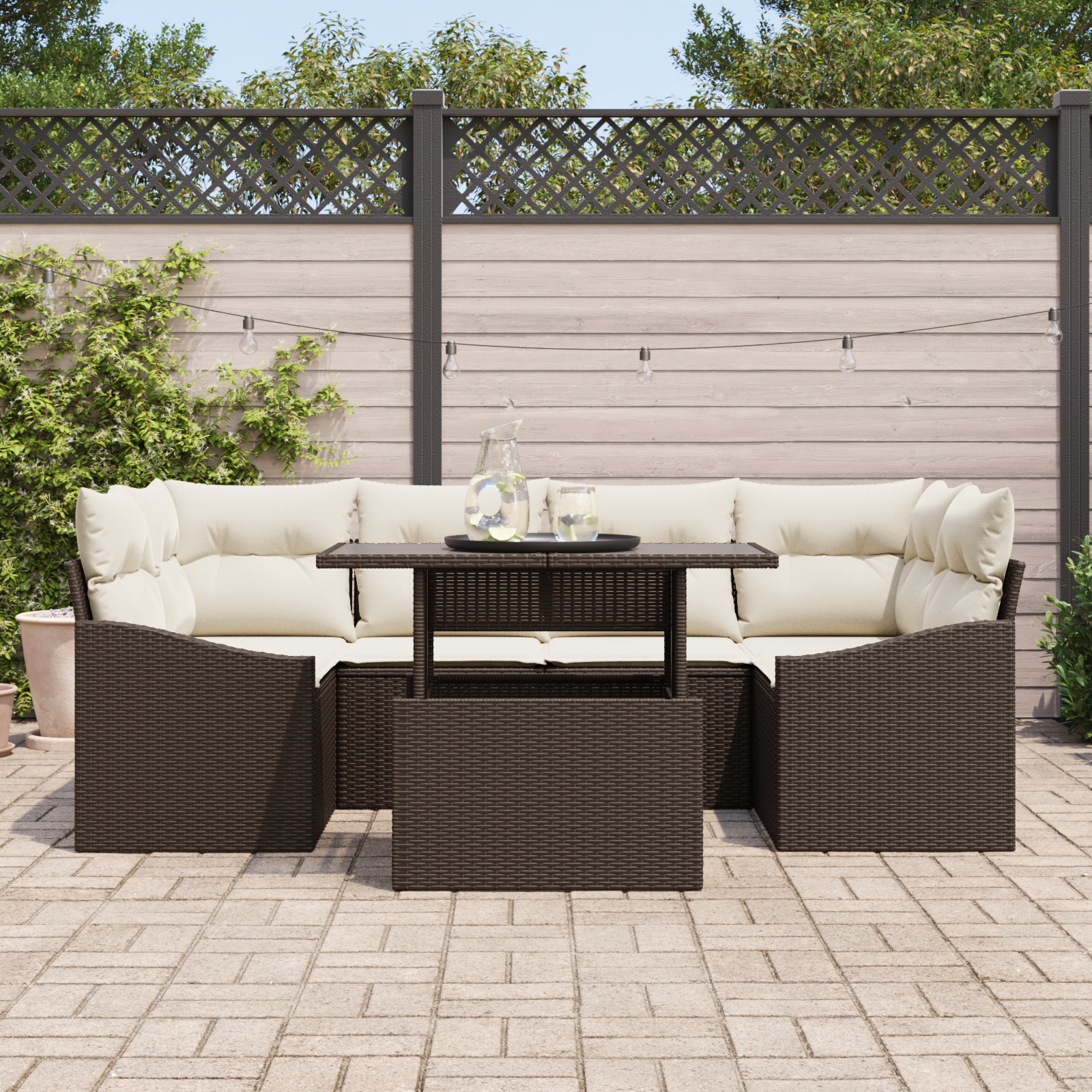 vidaXL 7-delige Tuinbankenset met kussens poly rattan bruin