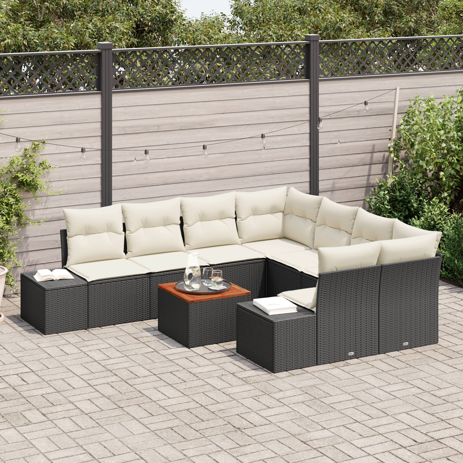 vidaXL 9-delige tuinset met kussens - zwart poly rattan en acacia