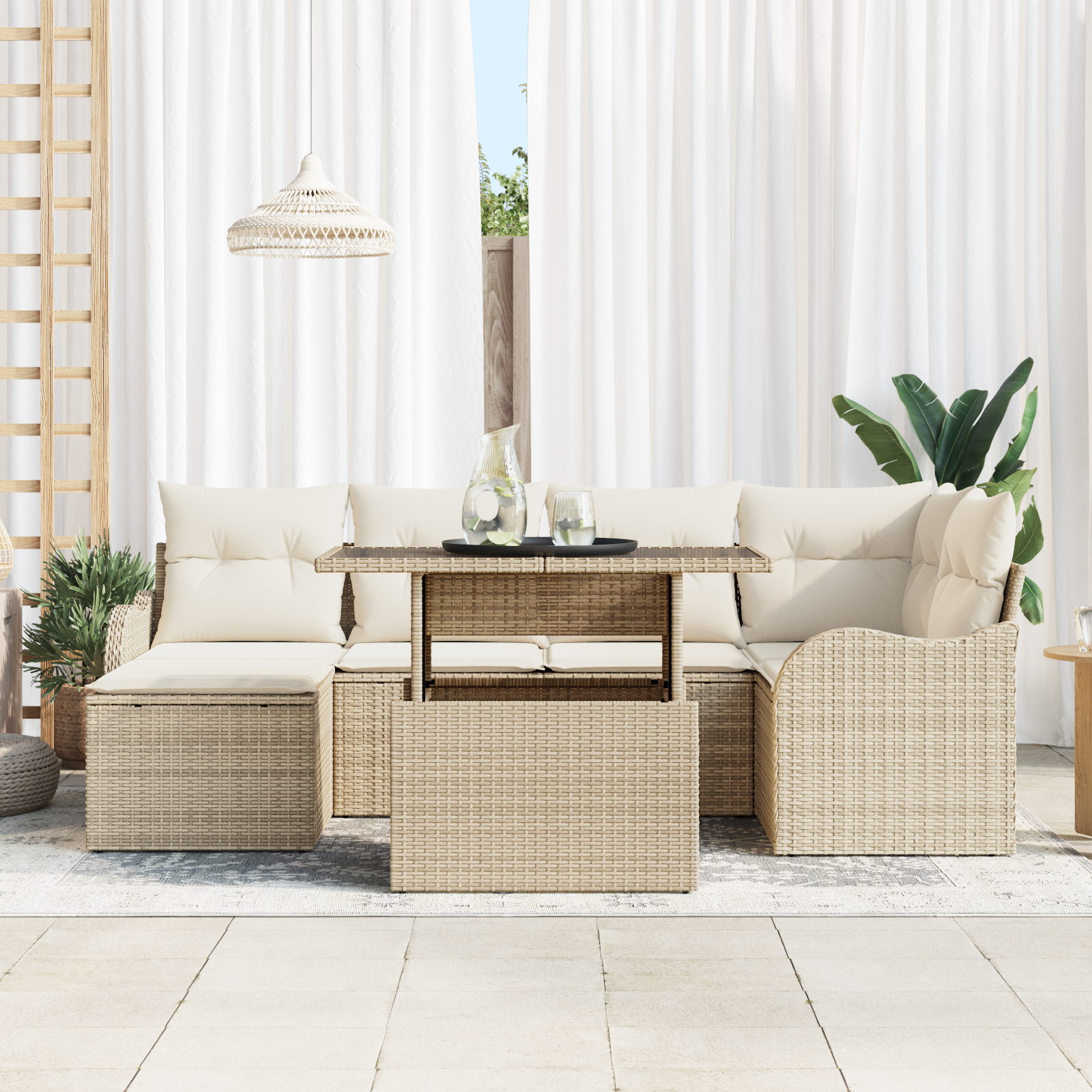 vidaXL 7-delige tuinset met kussens in beige poly rattan