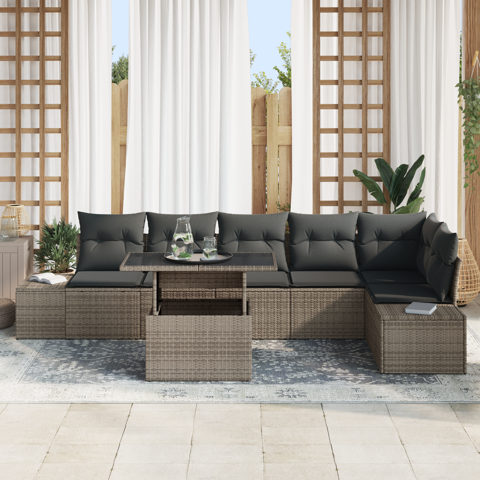 vidaXL 7-delige Tuinbankenset met kussens poly rattan grijs