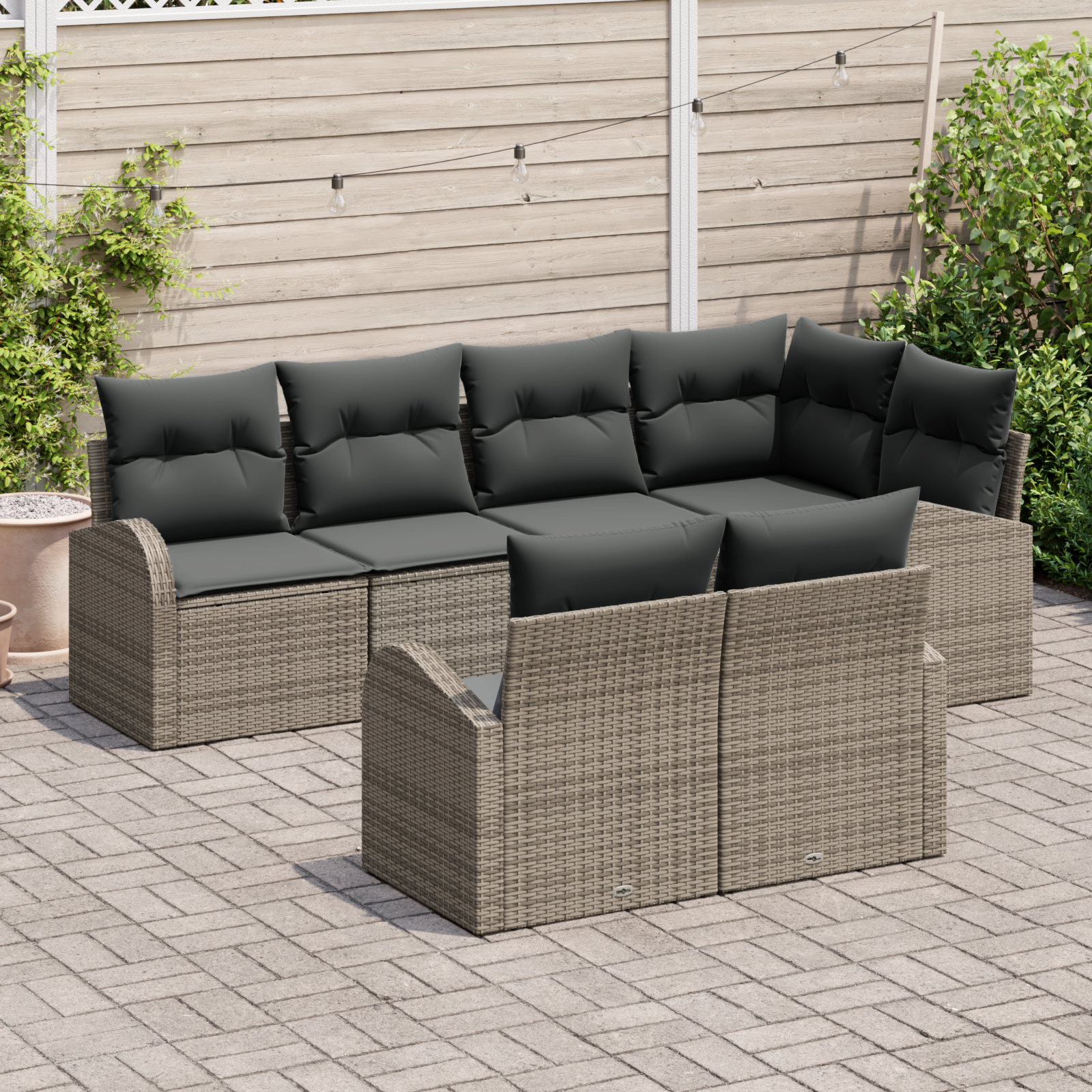 vidaXL 7-delige tuinbankset met kussens in grijs poly rattan