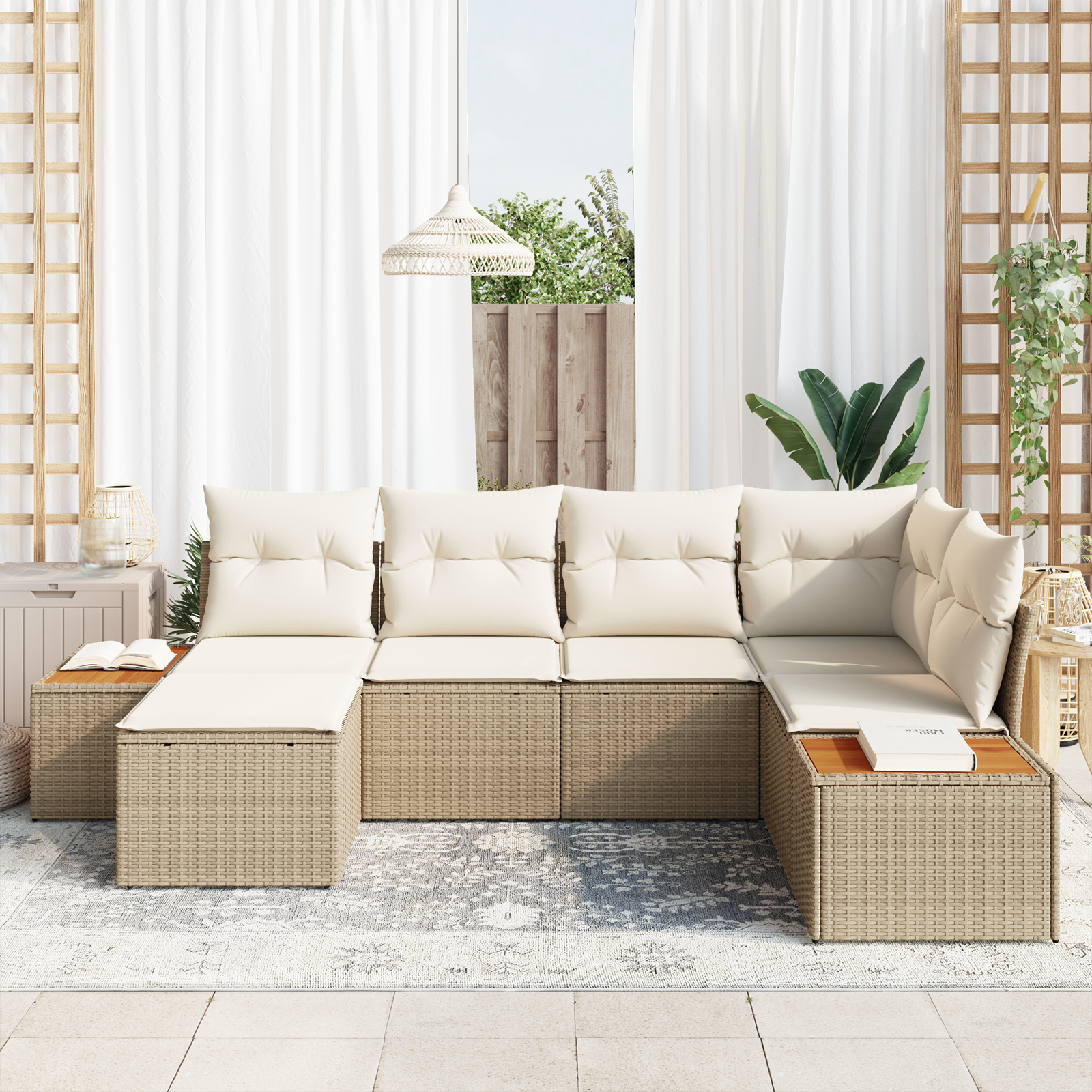 vidaXL 6-delige tuinsofa set met kussens in beige van poly rattan en acacia