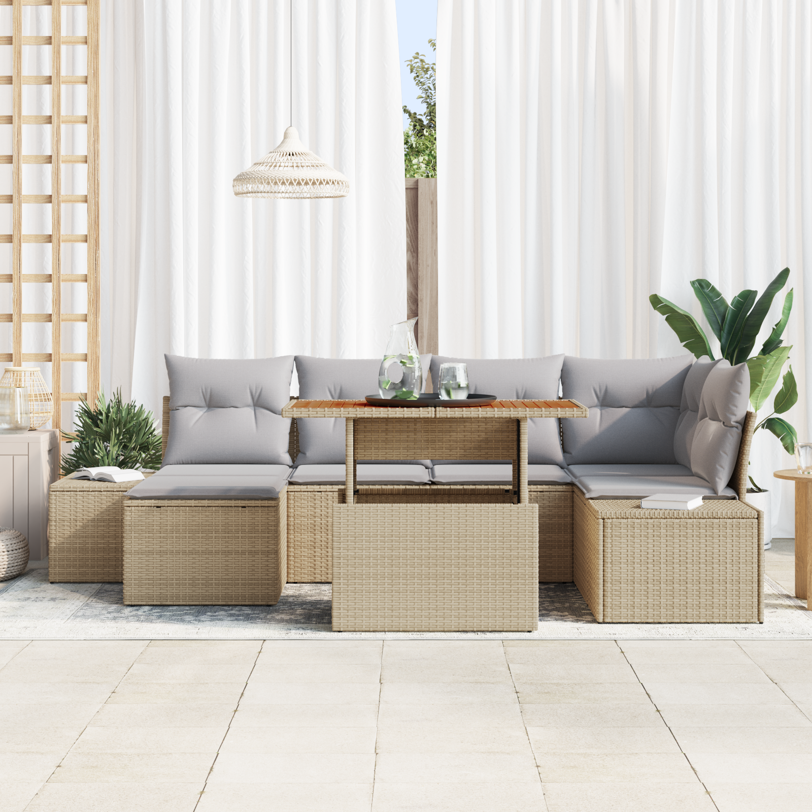 vidaXL 7-delige Tuinset met kussens poly rattan acaciahout beige