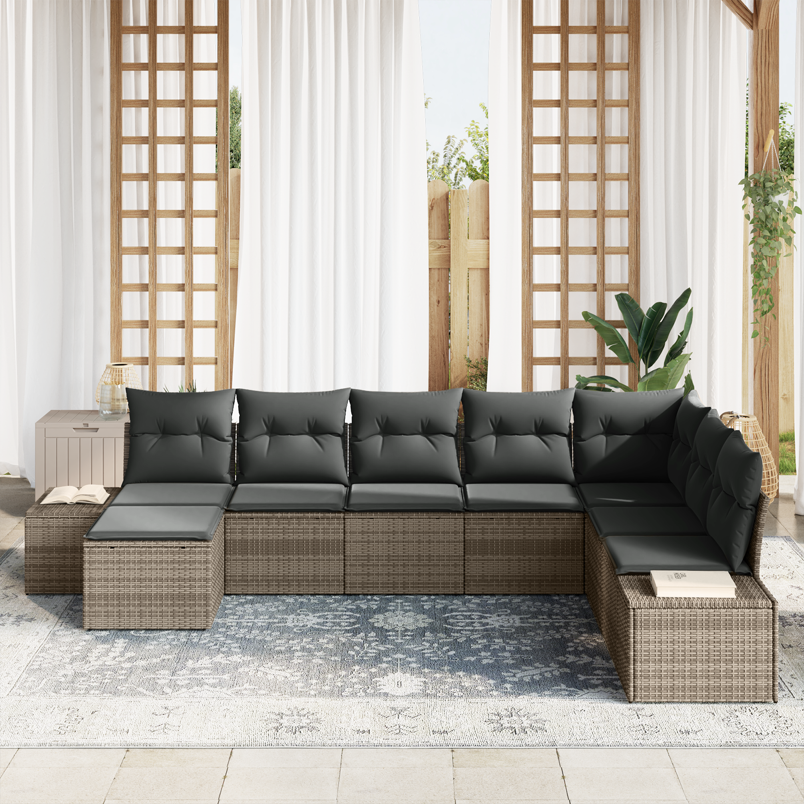 vidaXL 8-delige tuinbankset met kussens in grijs poly rattan