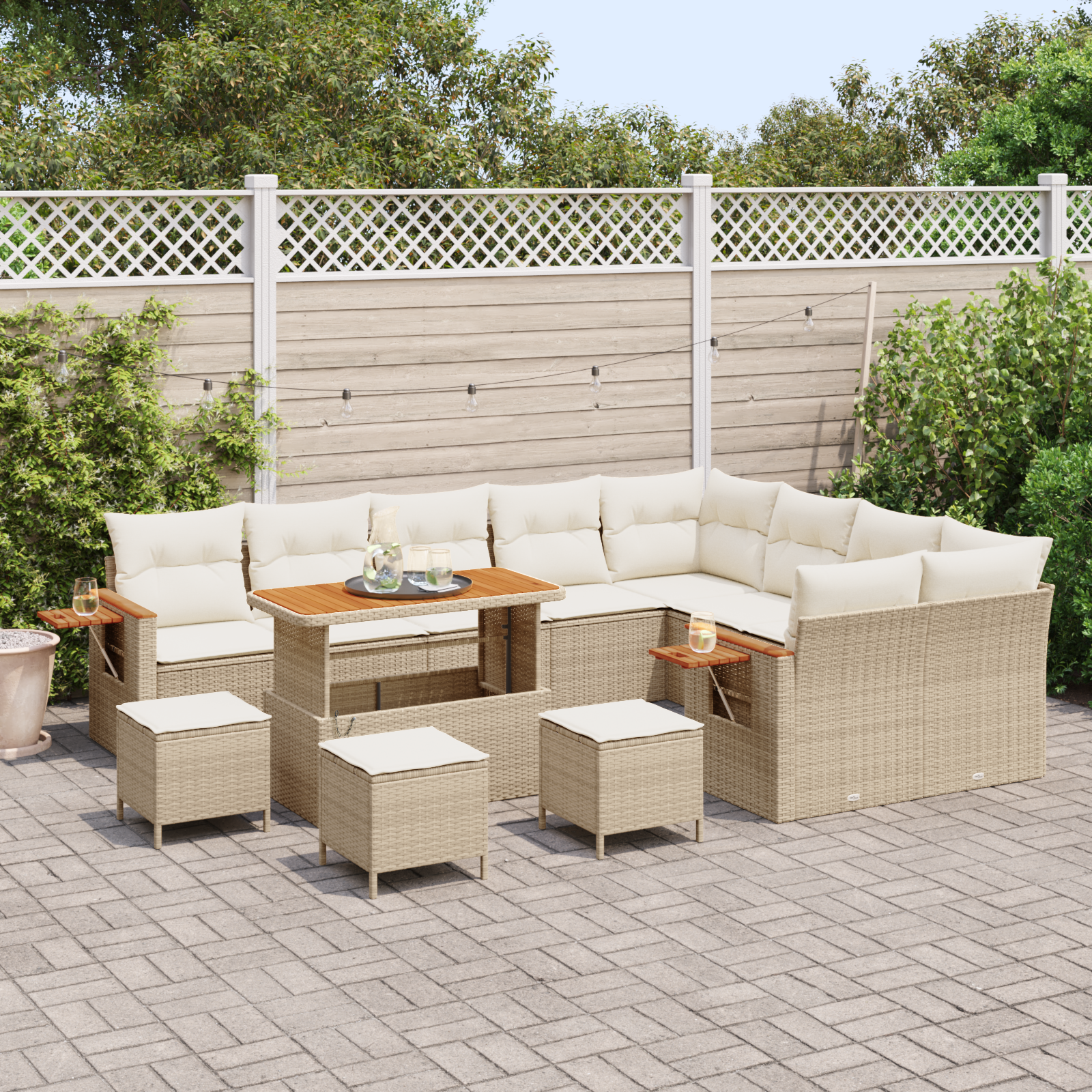 vidaXL 13-delige Tuinbankenset met kussens poly rattan acacia beige