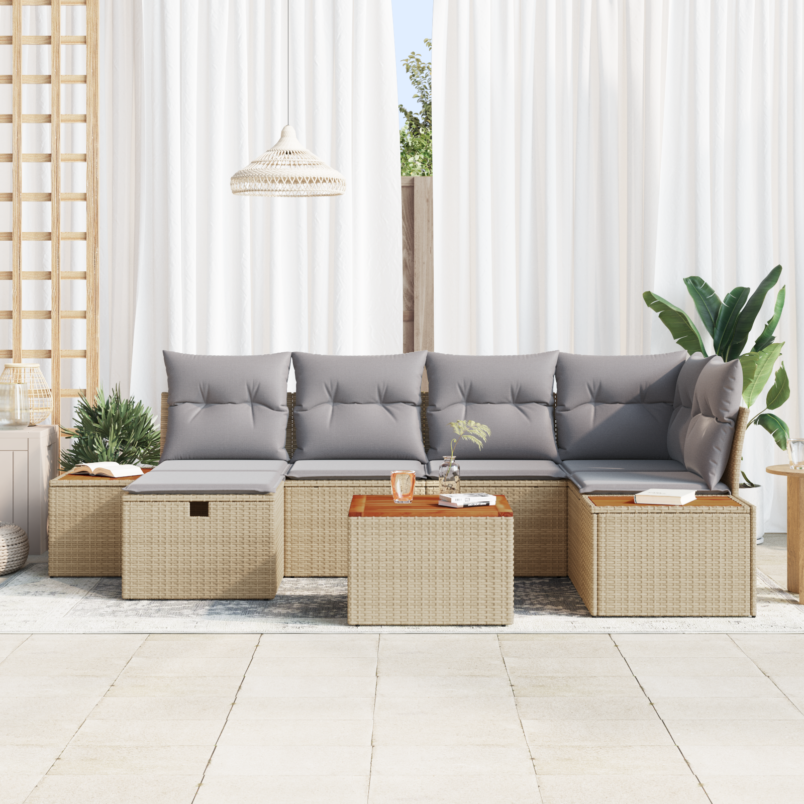 vidaXL 7-delige Tuinbankenset met kussens poly rattan beige