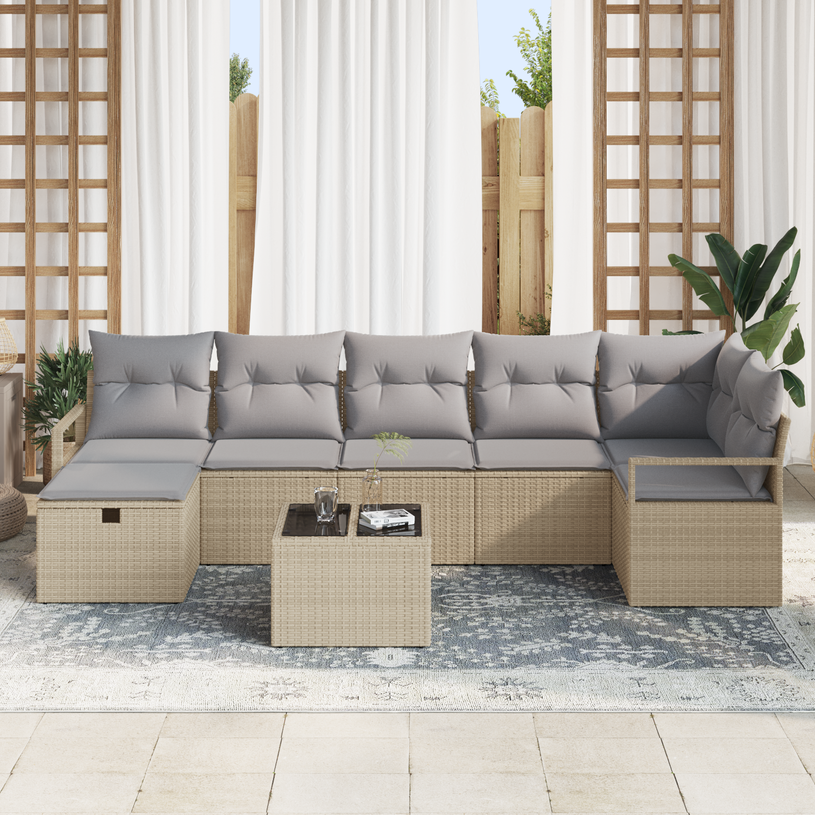 vidaXL 8-delige ligbed set met kussens Beige Poly Rattan