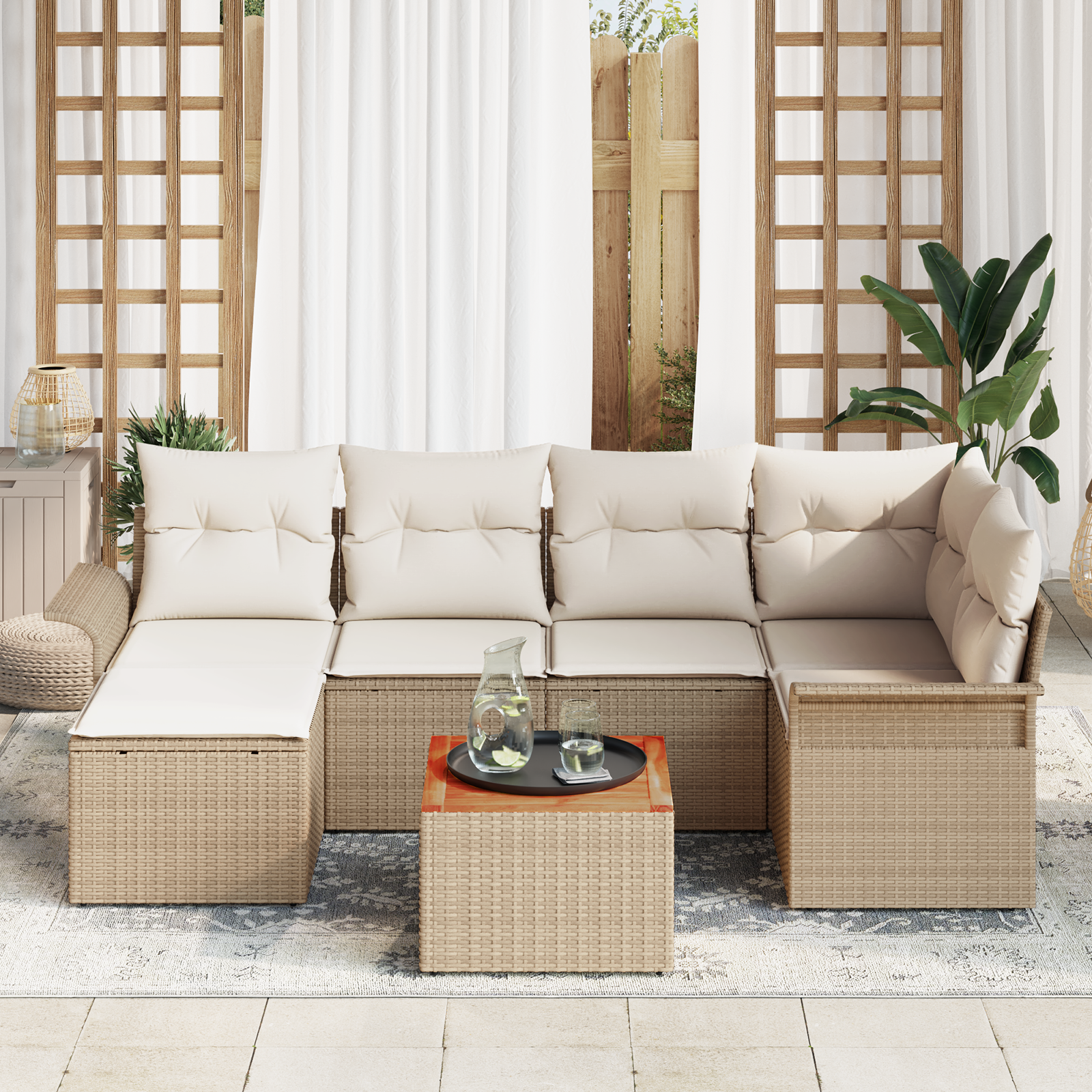 vidaXL 7-delige Tuinbankenset met kussens poly rattan acacia beige
