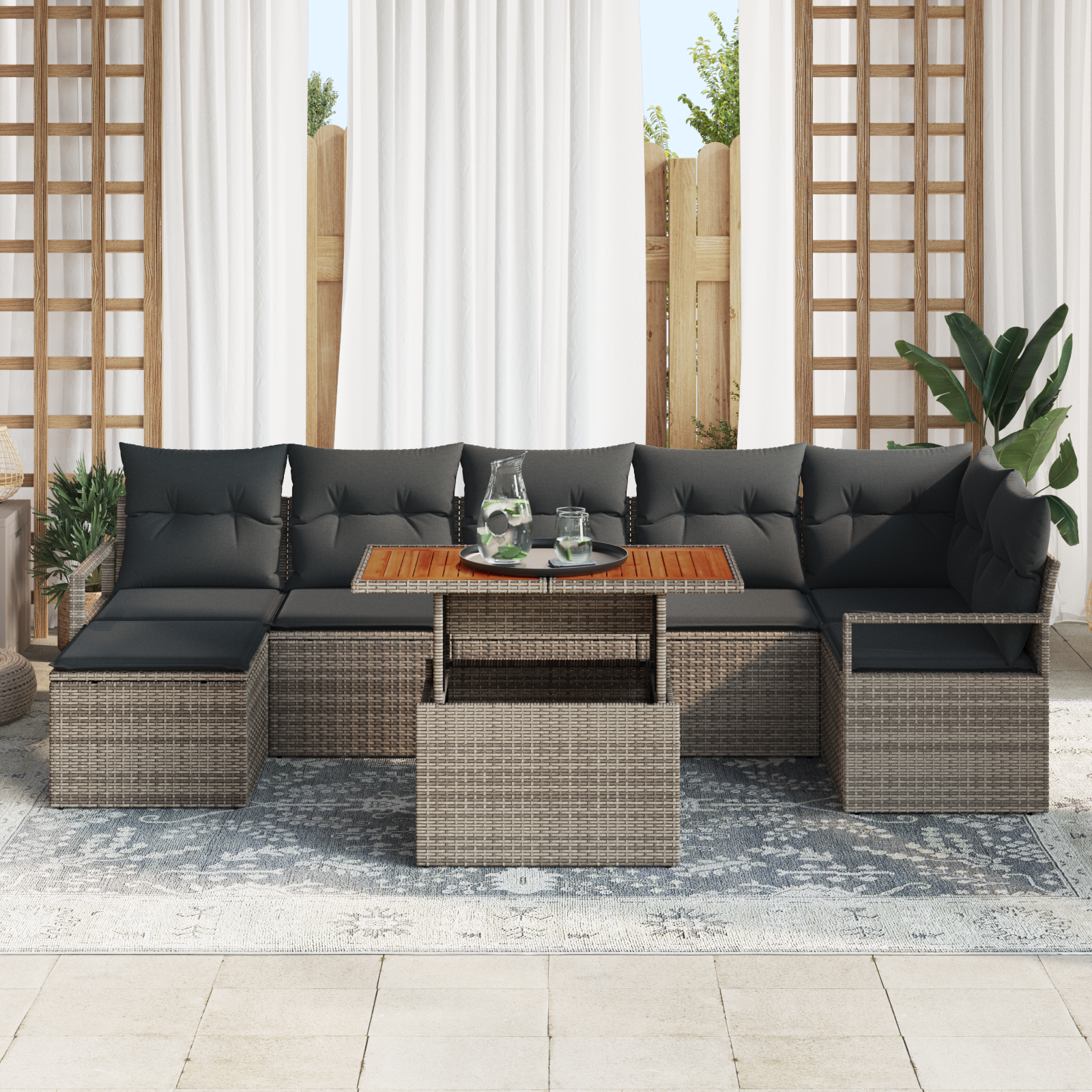 vidaXL 8-delige Tuinbankenset met kussens poly rattan acacia grijs