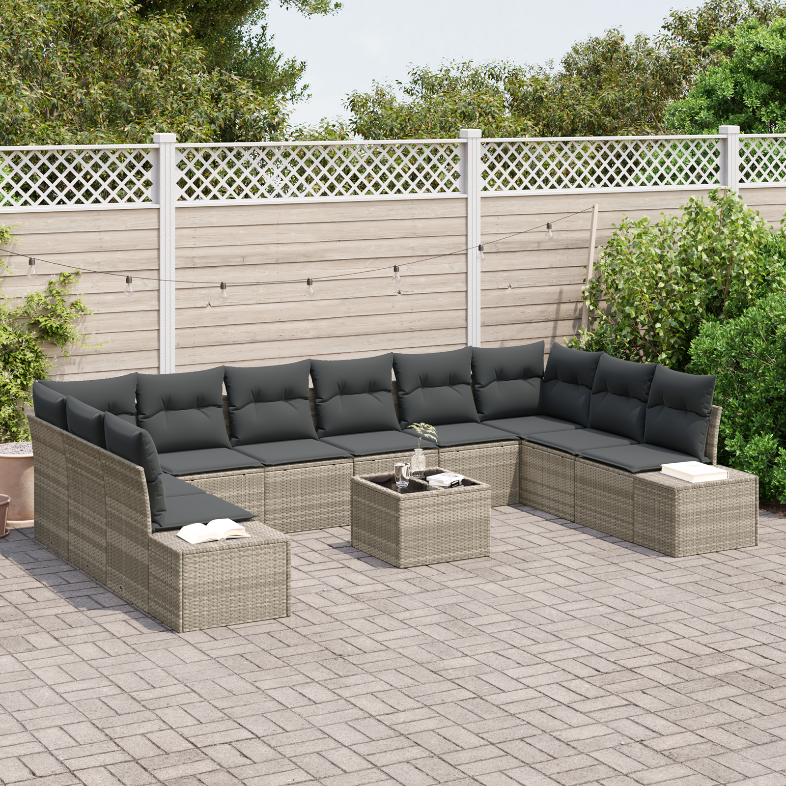 vidaXL 11-delige tuinset met kussens grijs poly rattan