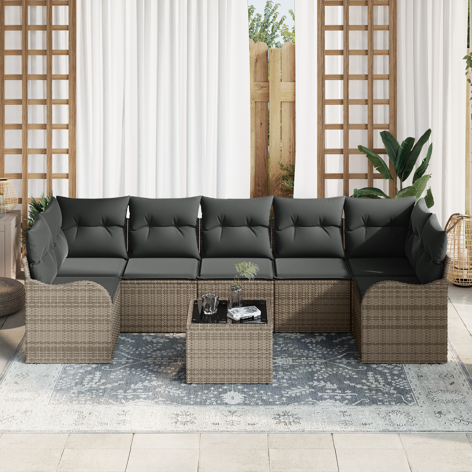 vidaXL 8-delige Tuinbankenset met kussens poly rattan grijs