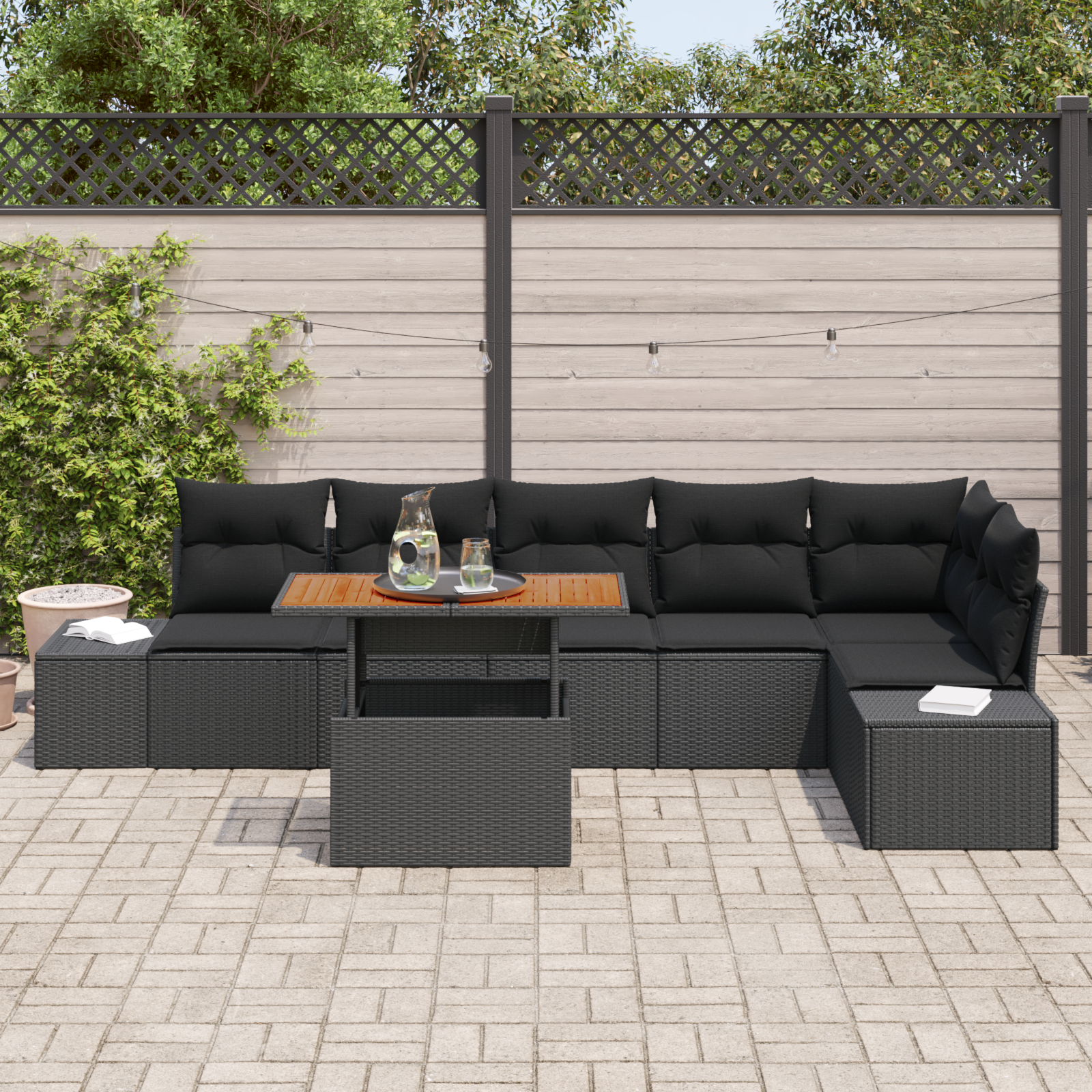 vidaXL 7-delige Tuinset met kussens poly rattan acaciahout zwart