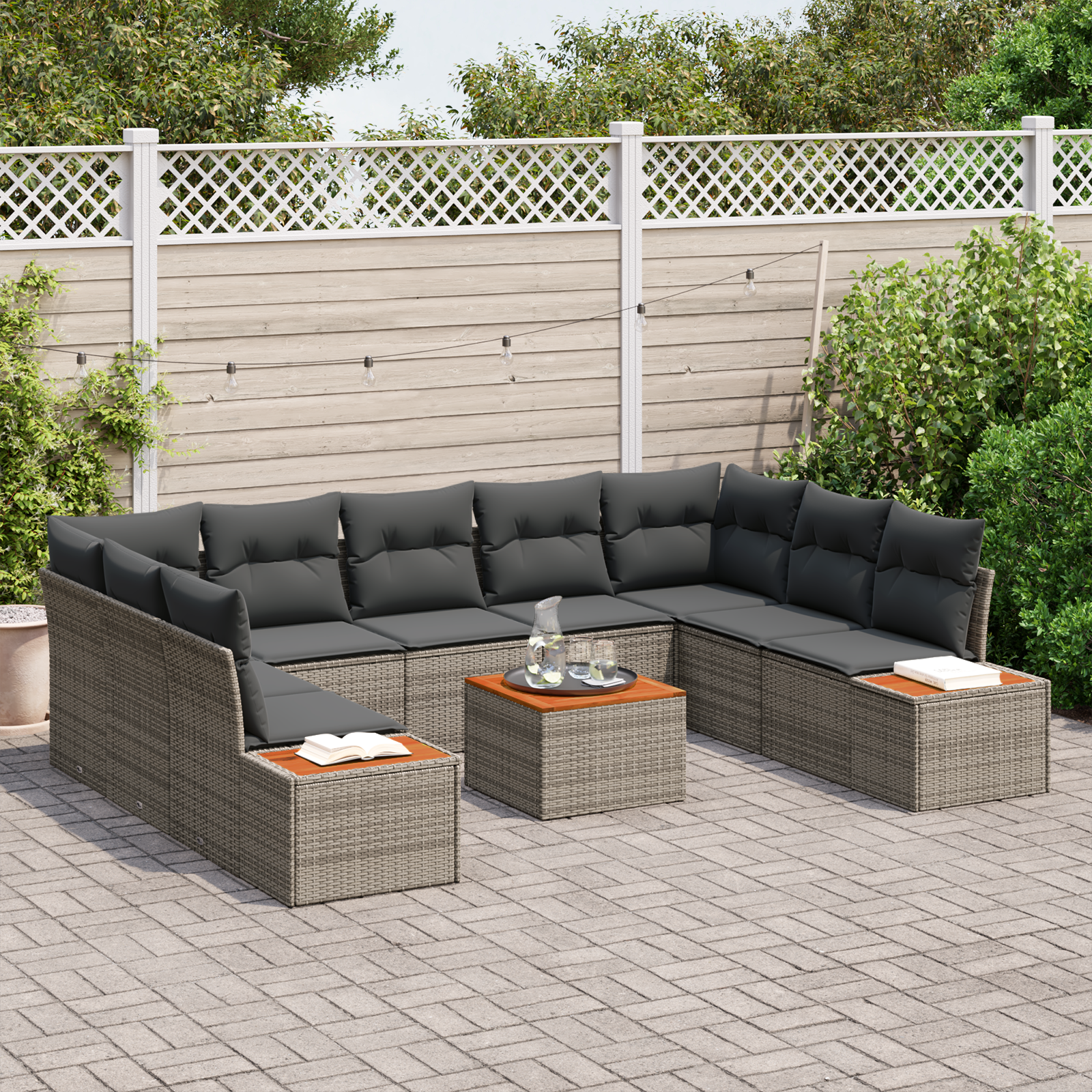 vidaXL 6-delige Tuinbankenset met kussens poly rattan acacia grijs