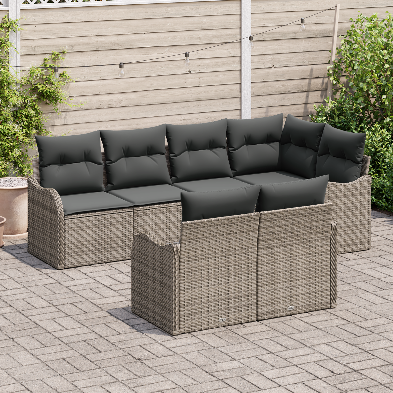 vidaXL 7-delige tuinset met kussens in grijs poly riet