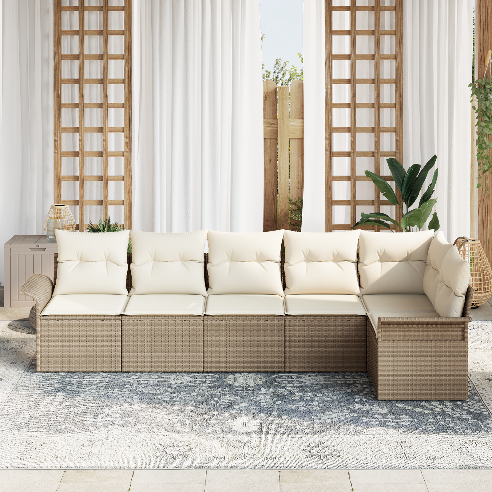 vidaXL 6-delige Tuinbankenset met kussens poly rattan beige