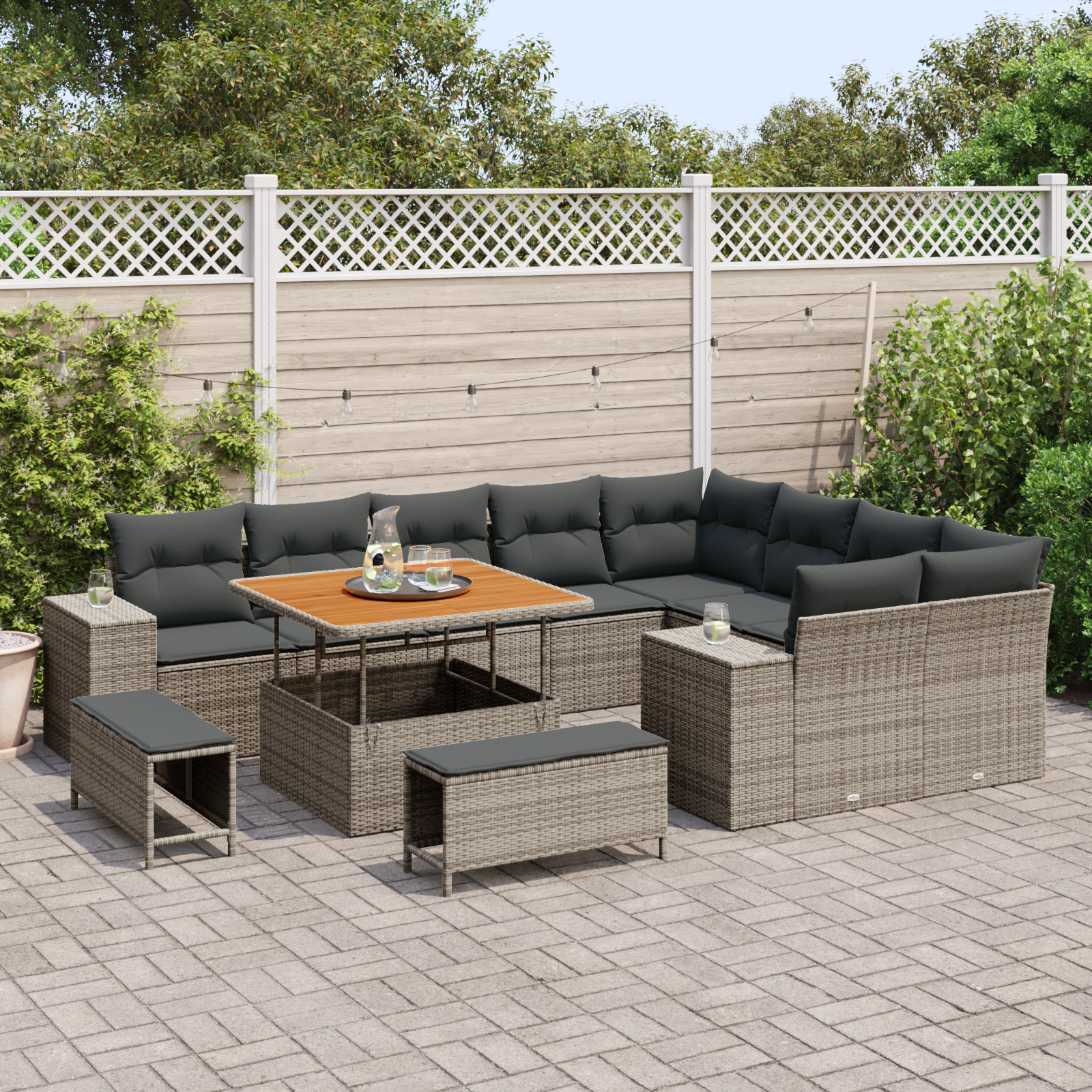 vidaXL 12-delige tuinset met kussens in grijs van poly rattan en acacia