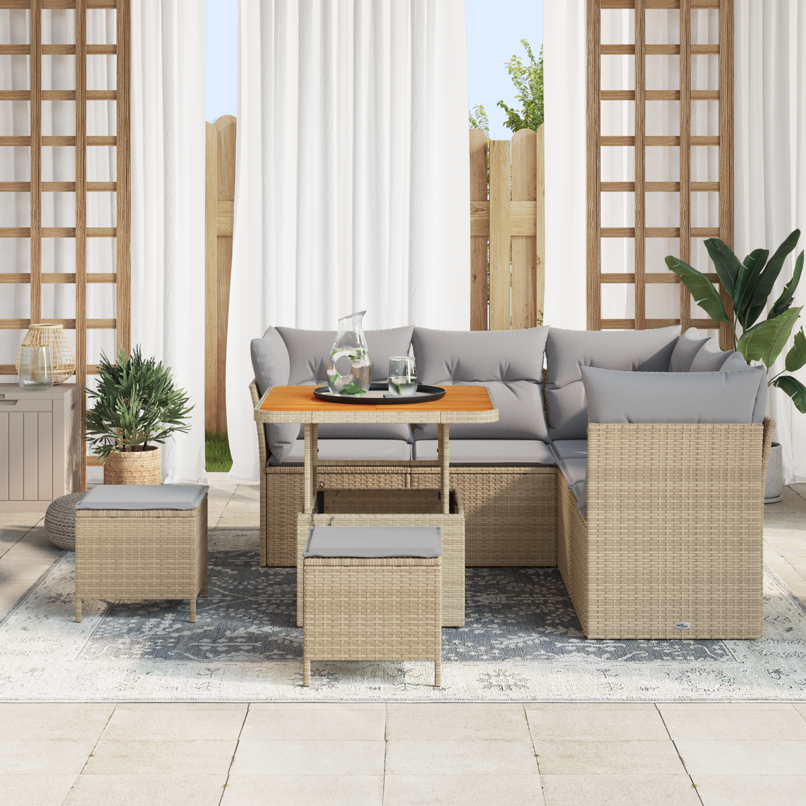 vidaXL 8-delige tuinbankset met kussens - Beige Poly Rattan en Acacia
