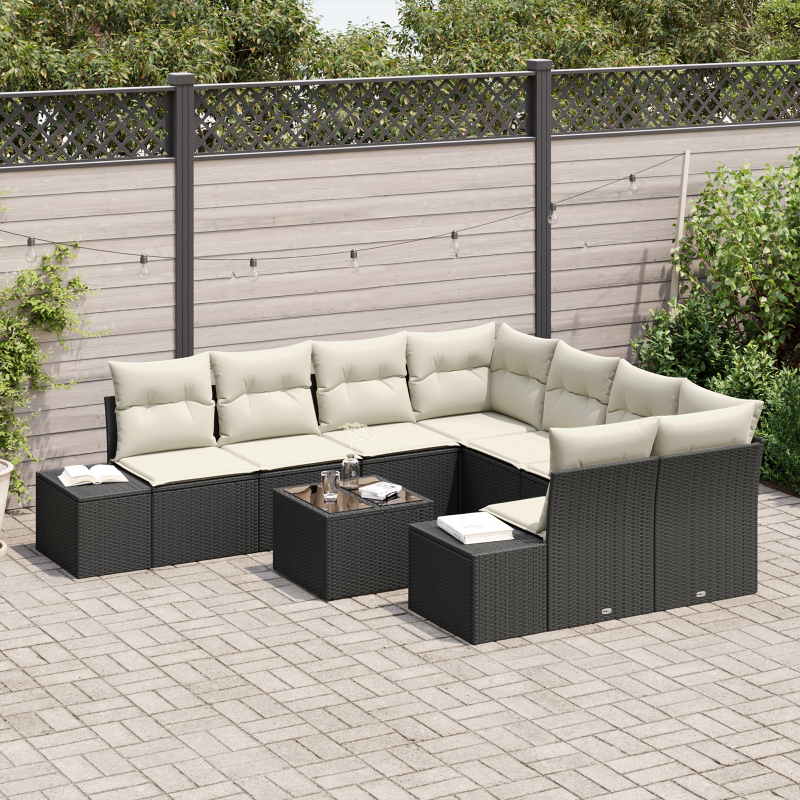 vidaXL 9-delige tuinsofa set met kussens zwart poly rattan
