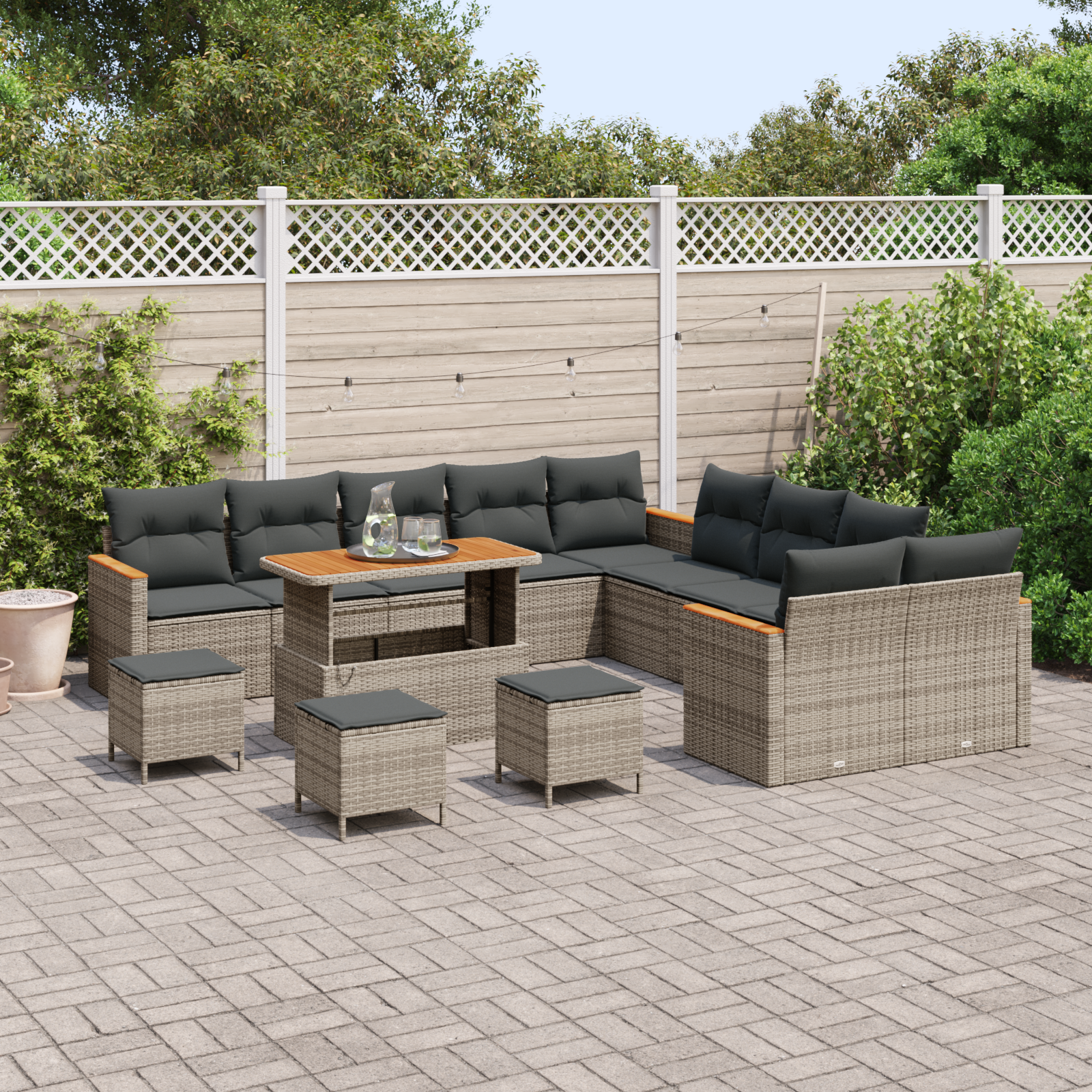 vidaXL 14-delige Tuinbankenset met kussens poly rattan acacia grijs