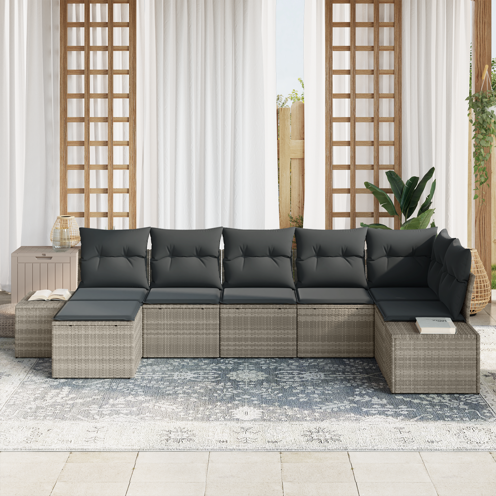 vidaXL 7-delige Tuinbankenset met kussens poly rattan lichtgrijs