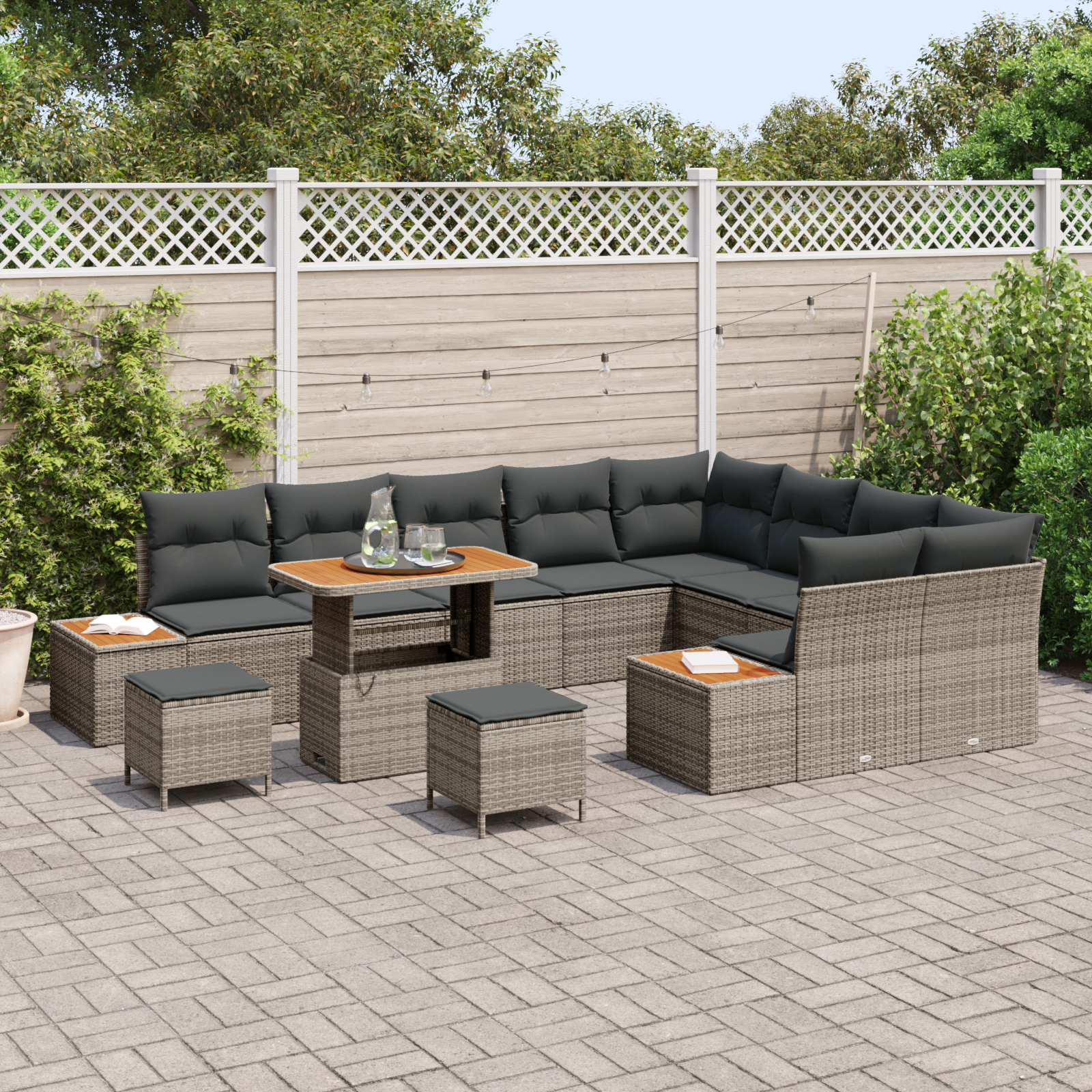 vidaXL 12-delige Tuinbankenset met kussens poly rattan acacia grijs