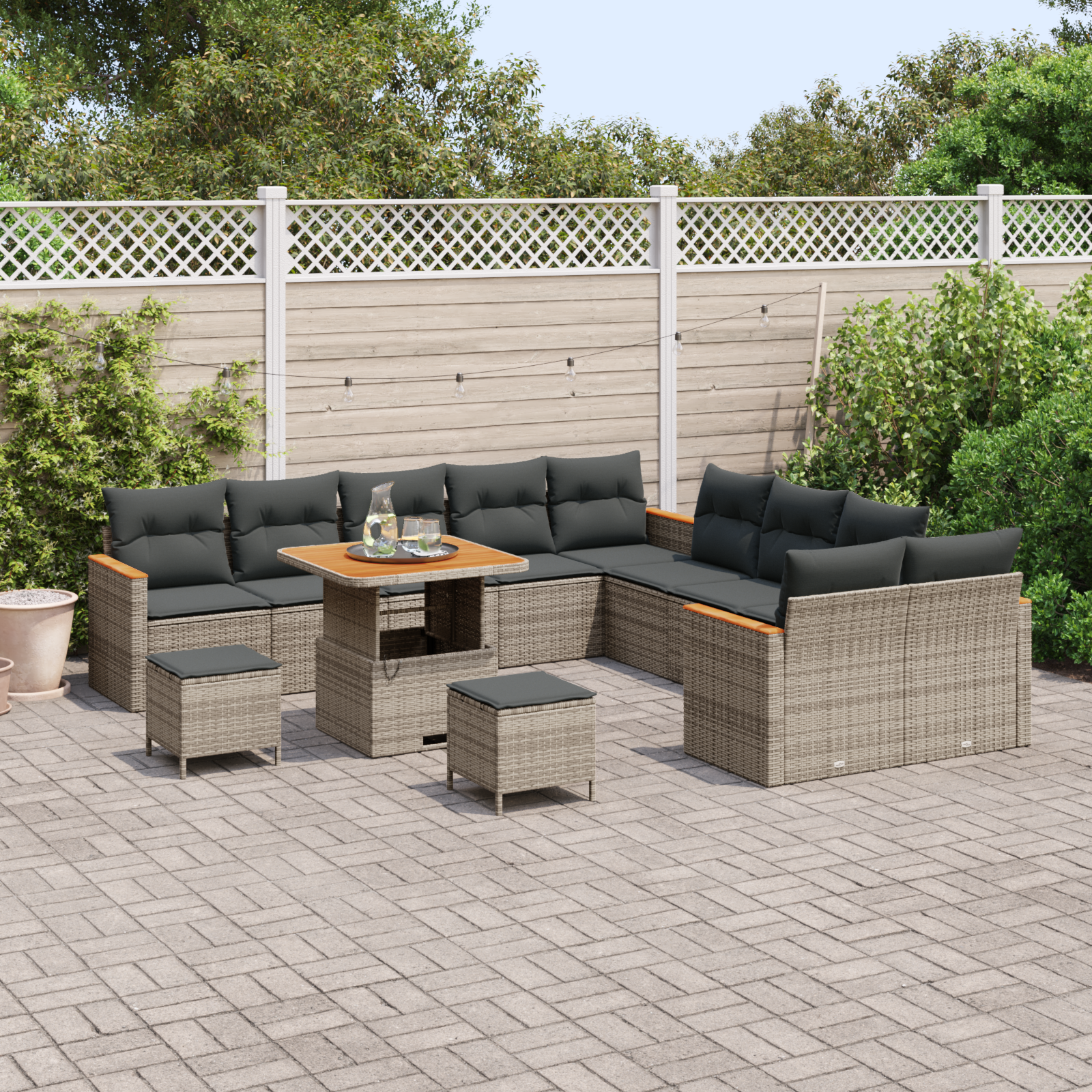 vidaXL 13-delige Tuinbankenset met kussens poly rattan acacia grijs
