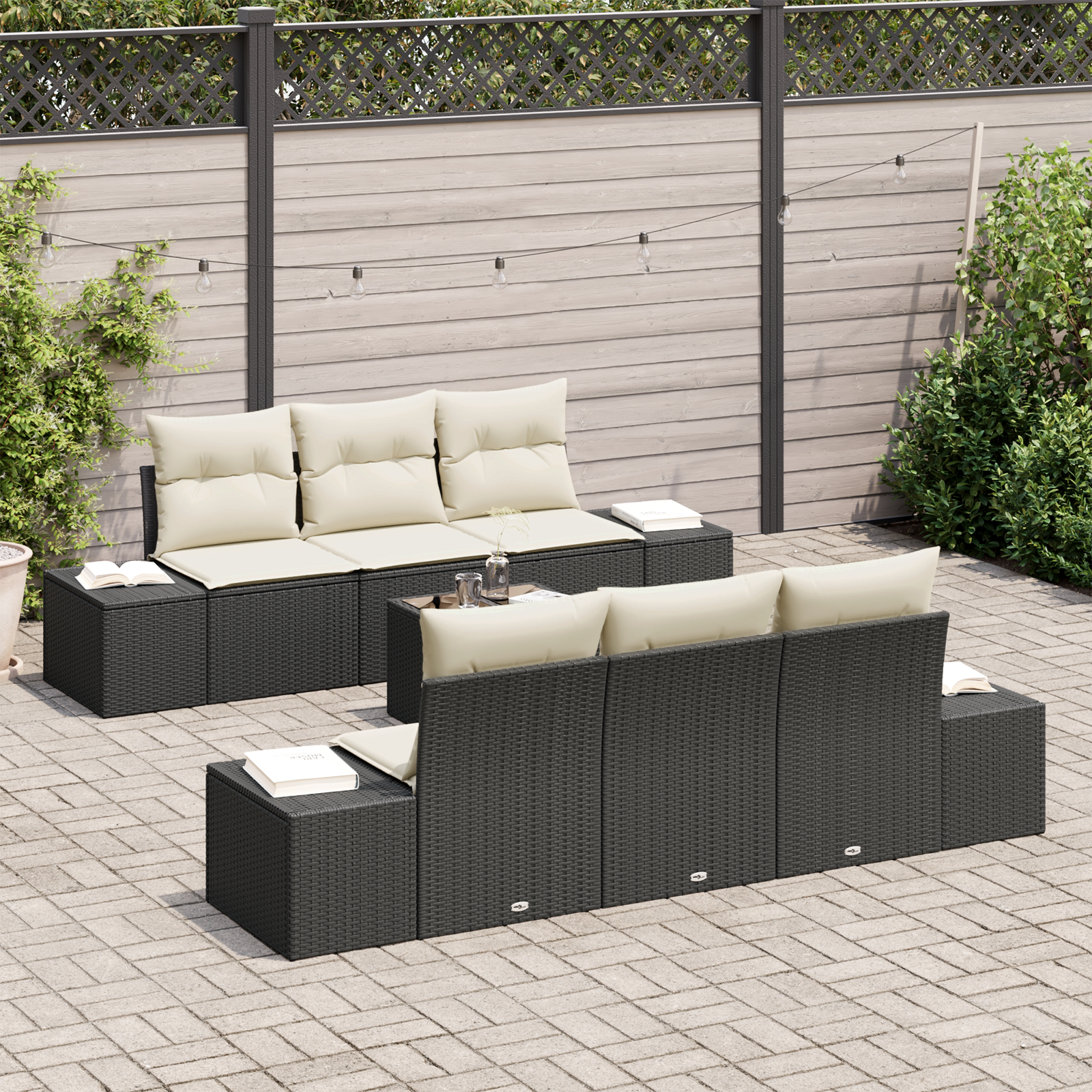 vidaXL 7-delige tuinset met kussens zwart poly rattan