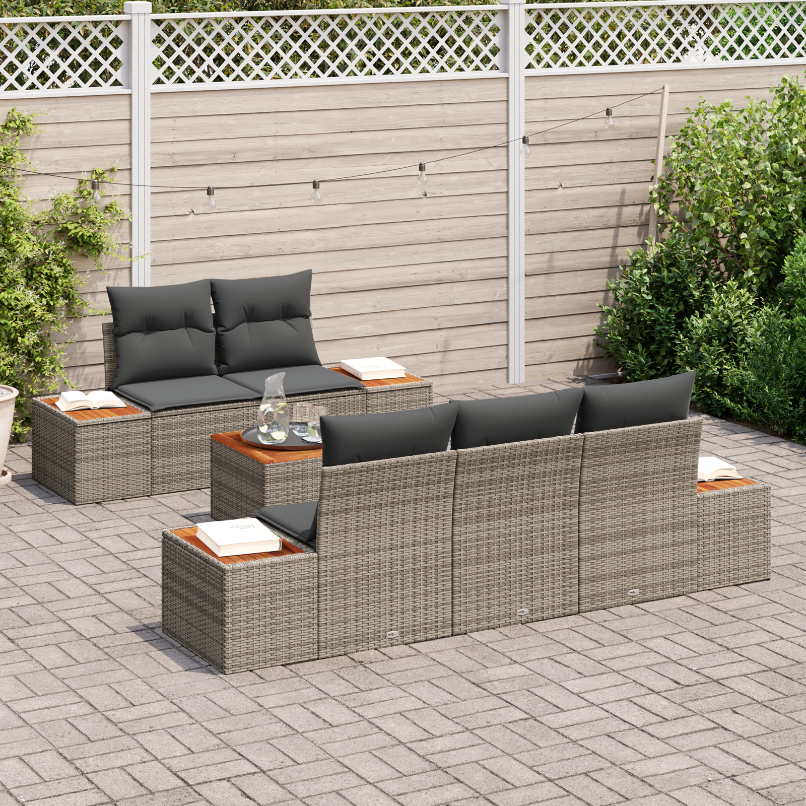 vidaXL 6-delige tuinsofa set met kussens in grijs poly rattan en acacia