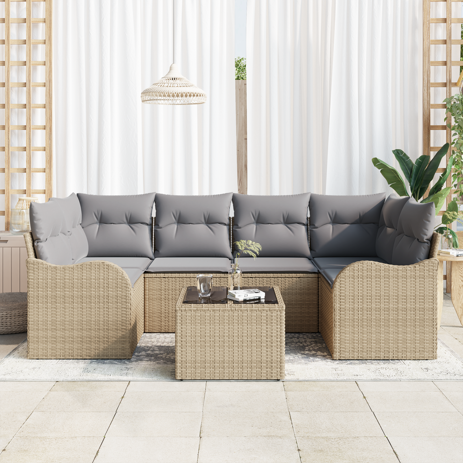 vidaXL 7-delige Tuinbankenset met kussens poly rattan beige