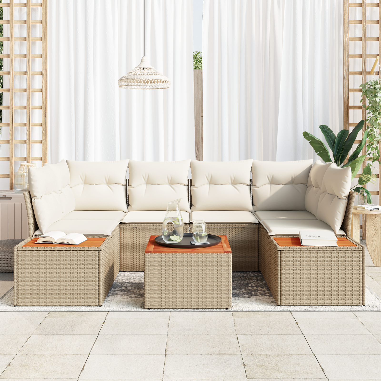 vidaXL 7-delige tuinsofa set met kussens - beige poly rattan en acacia