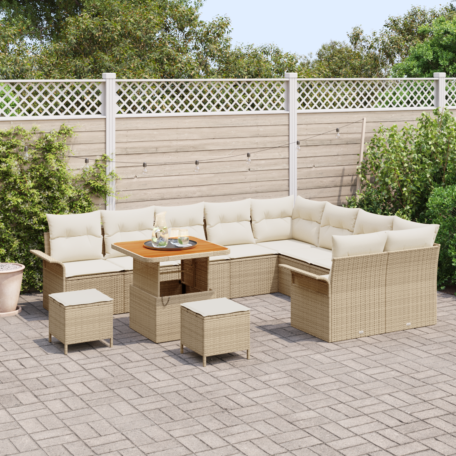 vidaXL 12-delige tuinbankset met kussens in beige poly rattan en acacia
