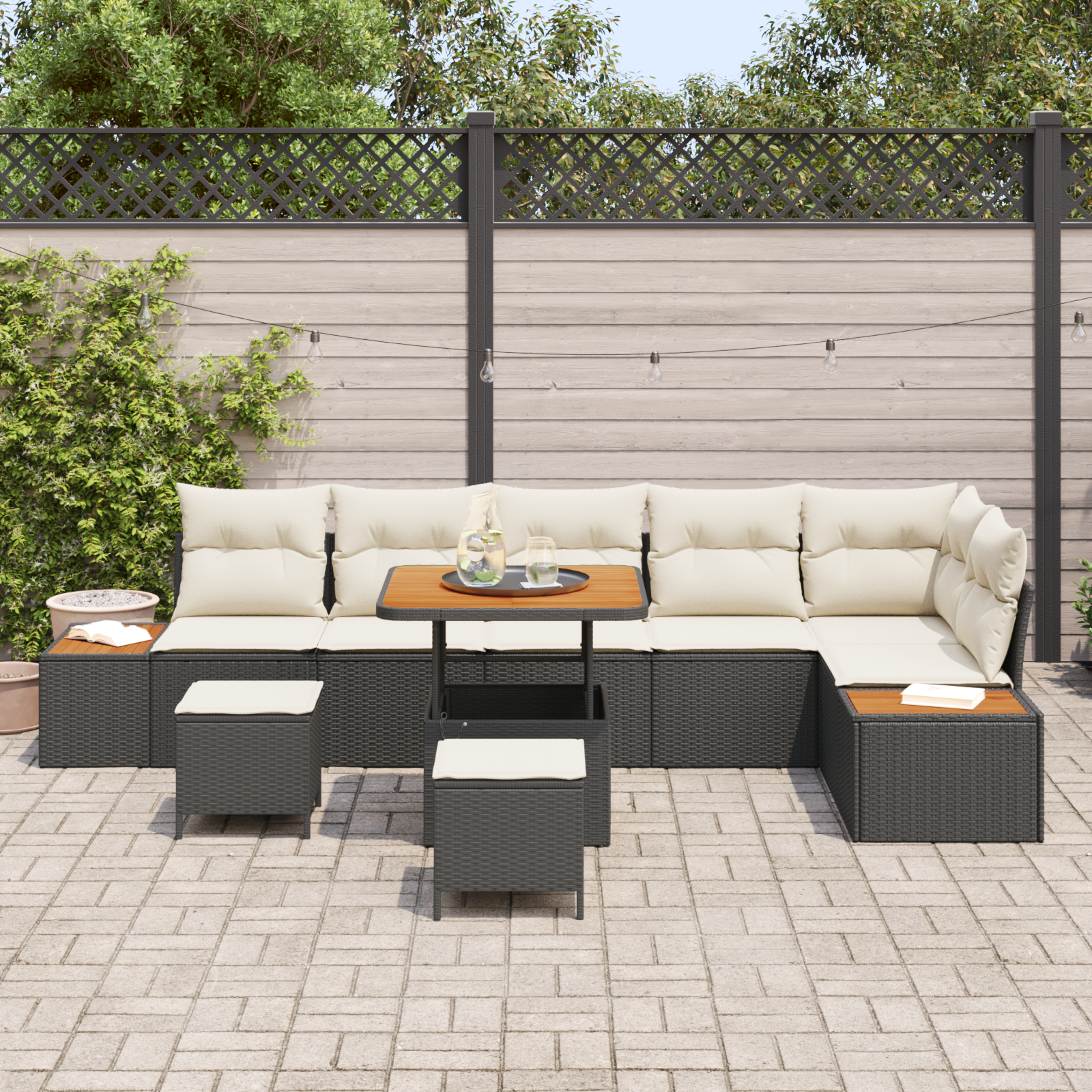 vidaXL 9-delige Tuinbankenset met kussens poly rattan acacia zwart