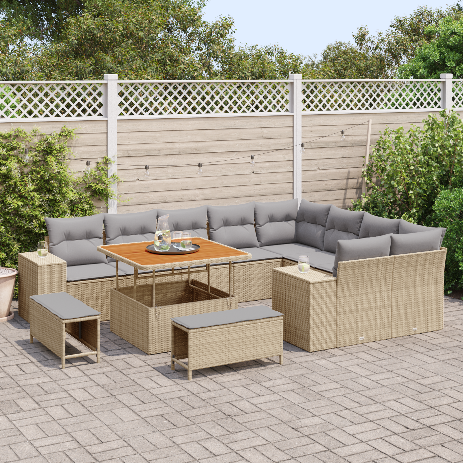 vidaXL 12-delige tuinset met kussens in beige poly rattan en acacia