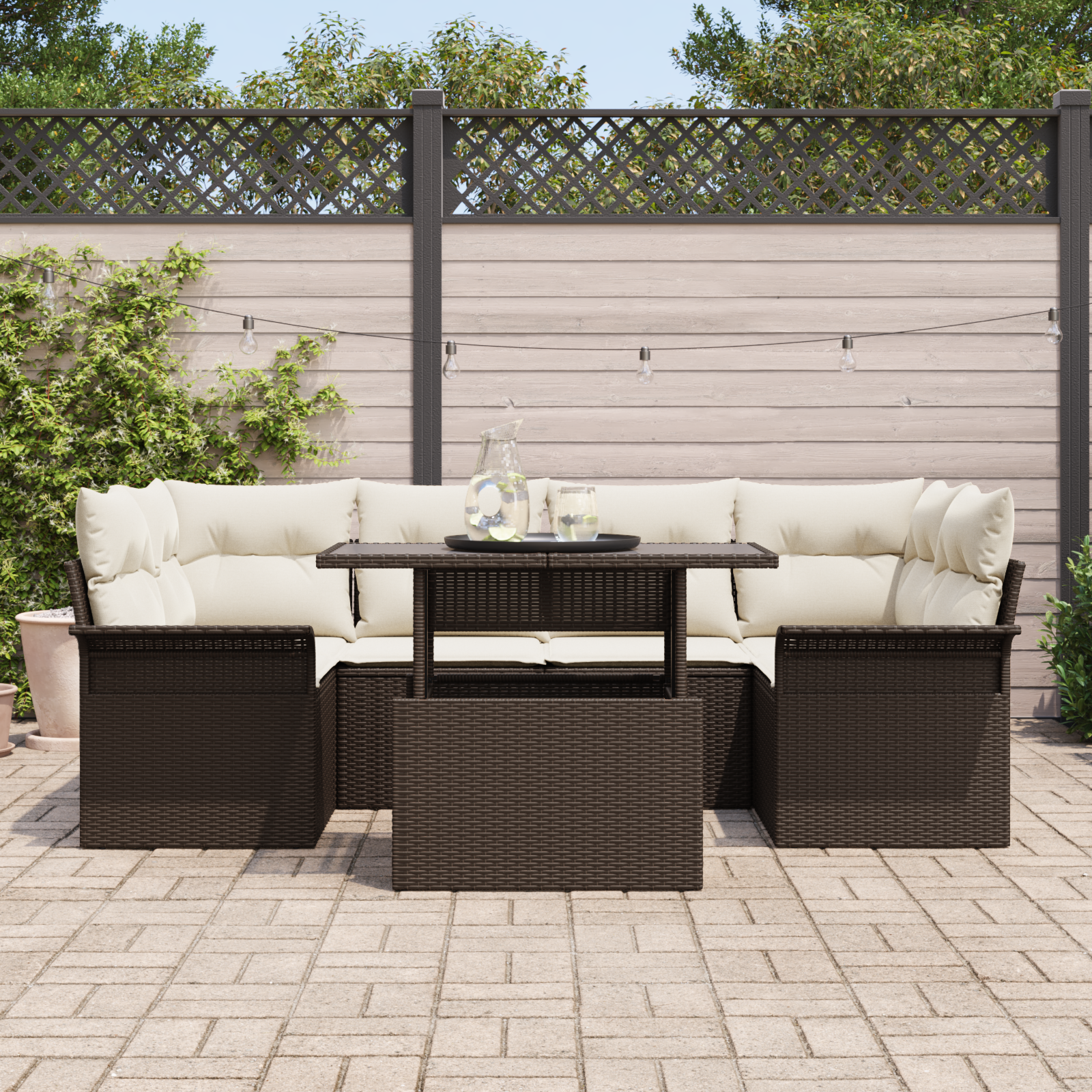 vidaXL 7-delige Tuinbankenset met kussens poly rattan bruin