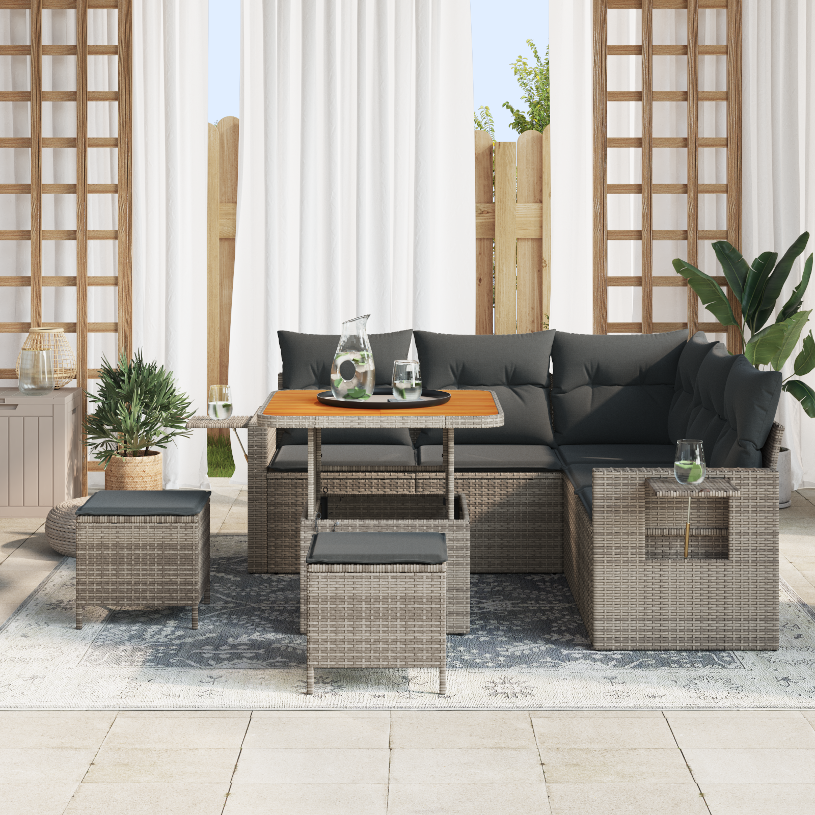 vidaXL 8-delige Tuinbankenset met kussens poly rattan acacia grijs