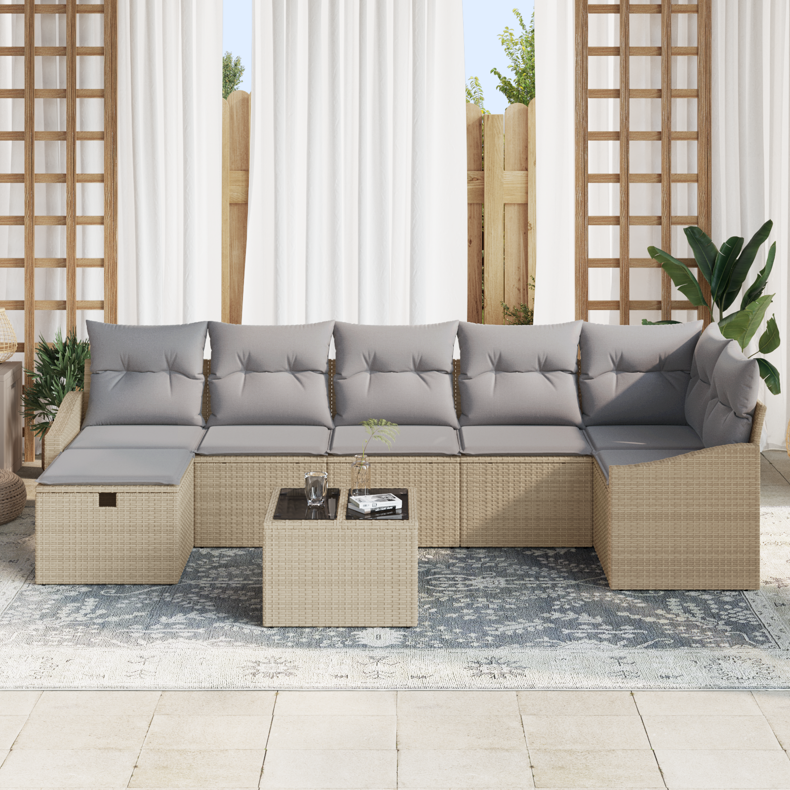 vidaXL 8-delige Tuinbankenset met kussens poly rattan beige