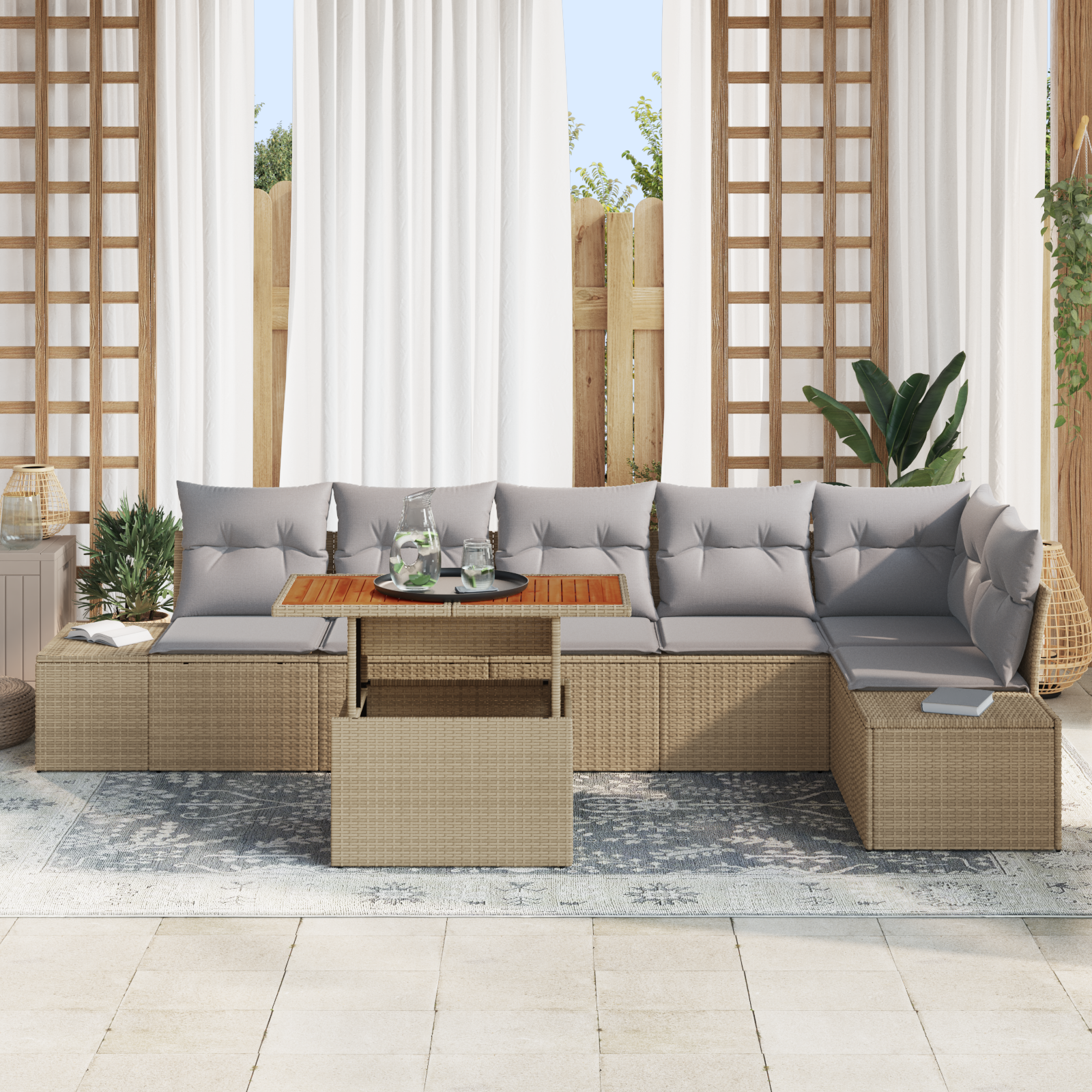 vidaXL 7-delige Tuinset met kussens poly rattan acaciahout beige