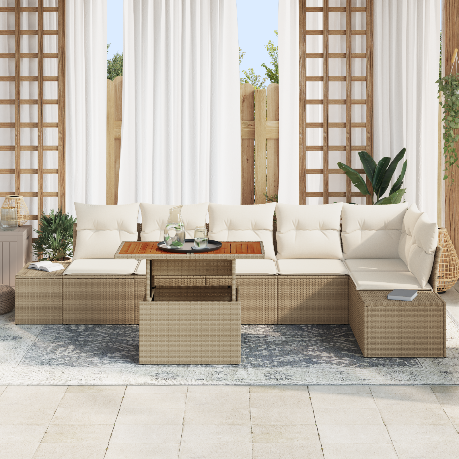 vidaXL 7-delige Tuinset met kussens poly rattan acaciahout beige