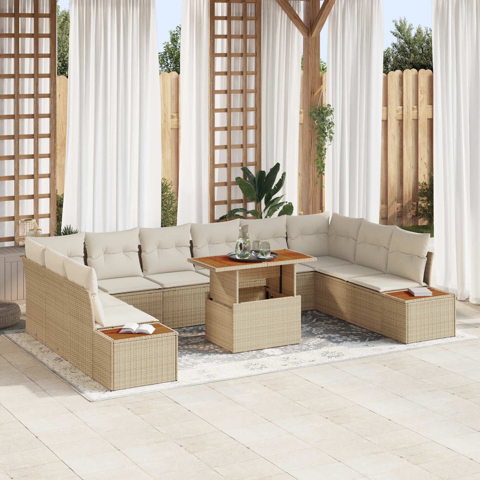 vidaXL 11-delige Tuin Eetset met Kussens Beige Poly Rattan Acacia