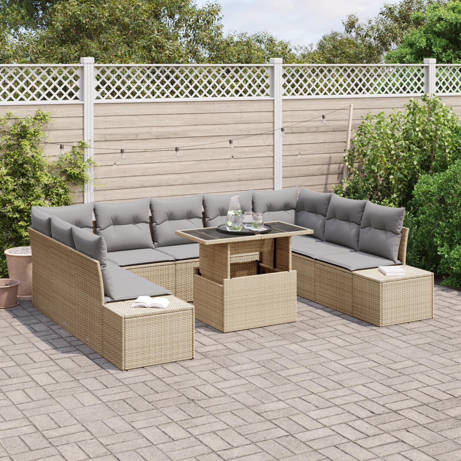 vidaXL 10-delige Tuinbankenset met kussens poly rattan beige