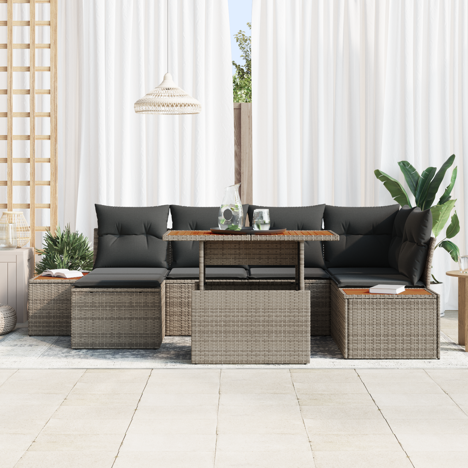 vidaXL 7-delige Tuinset met kussens poly rattan acaciahout grijs