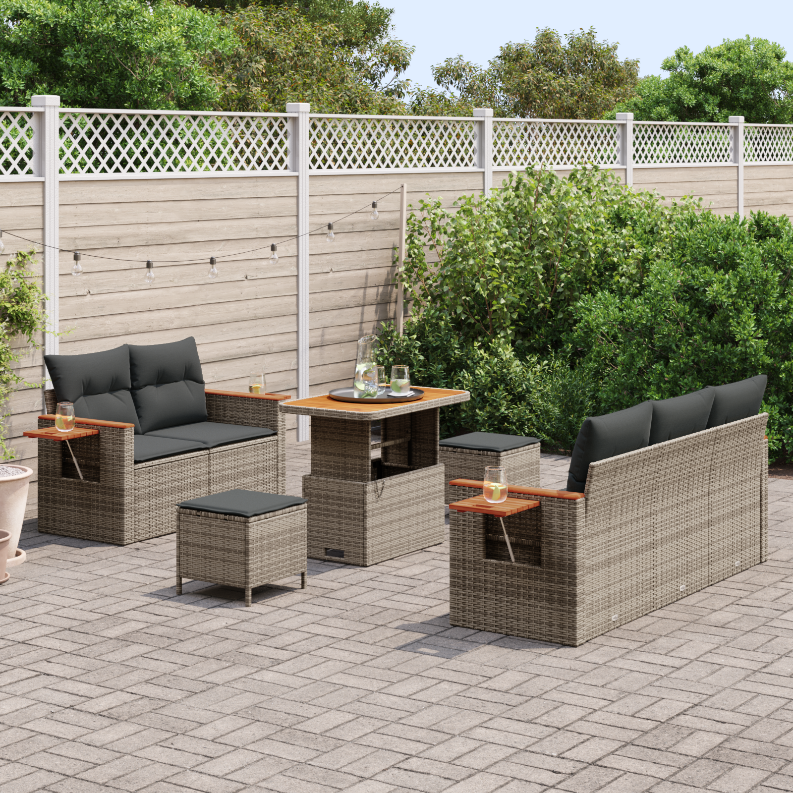 vidaXL 8-delige tuinset met kussens in grijs poly rattan en acaciahout