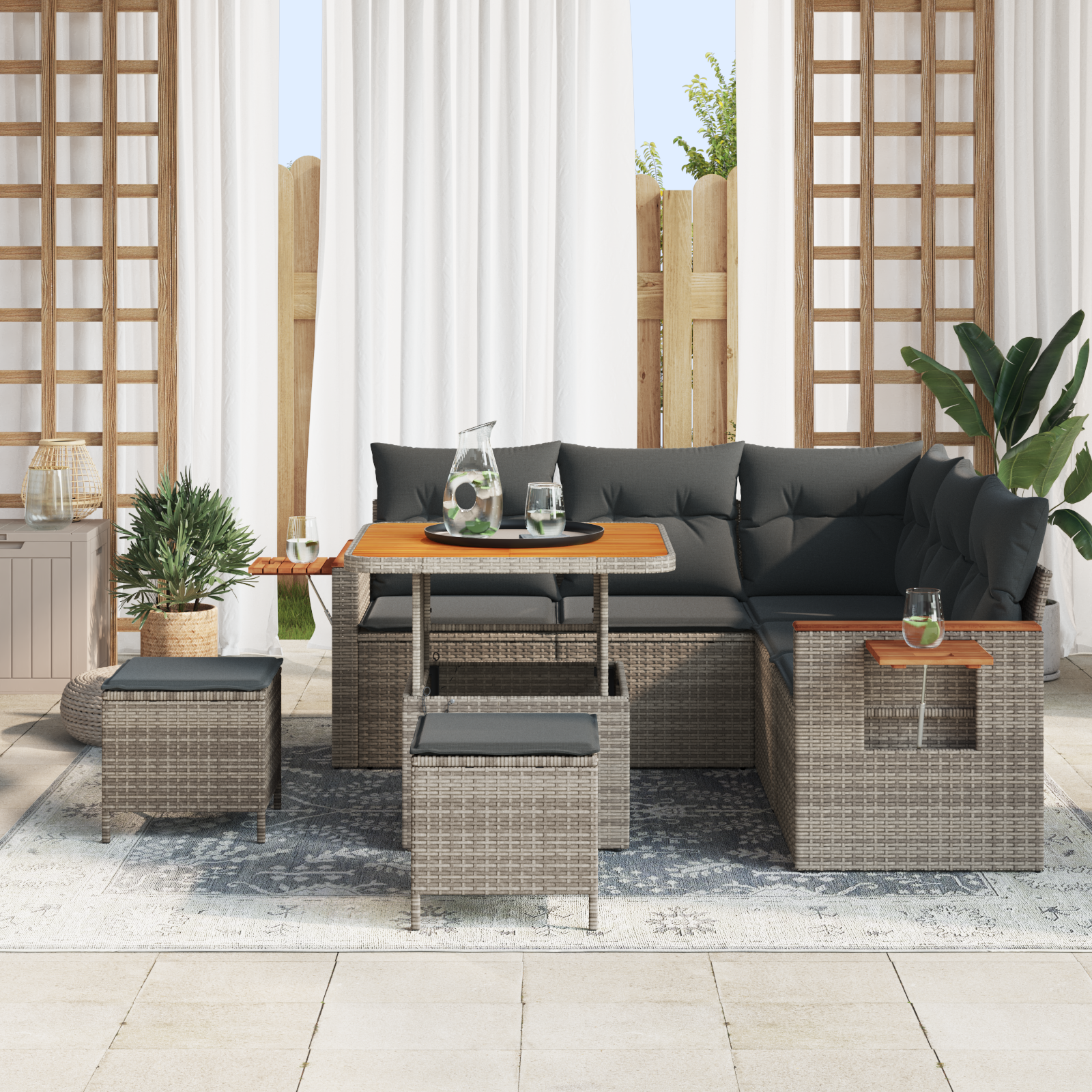 vidaXL 8-delige tuinset met kussens - Grijs Poly Rattan Acacia