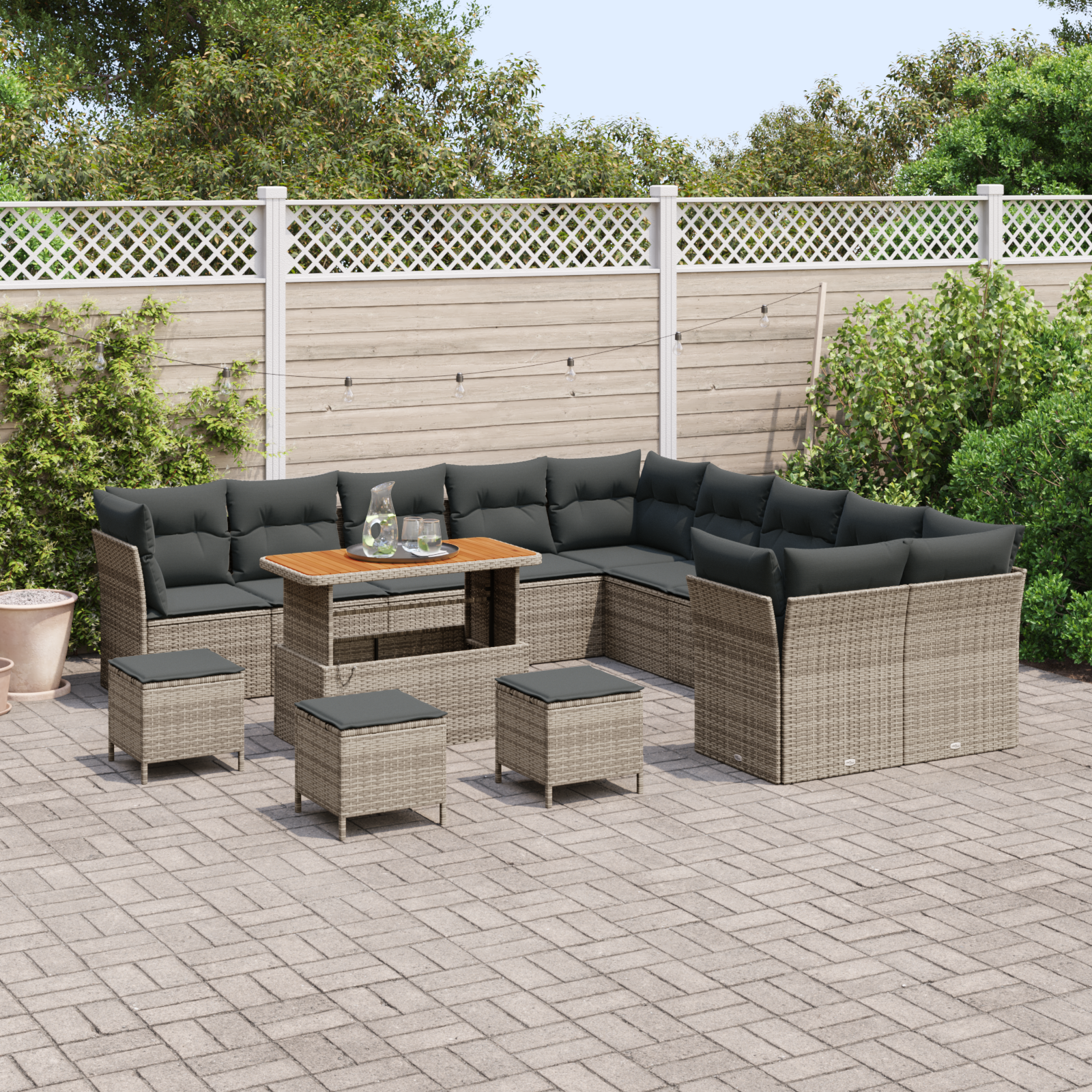 vidaXL 14-delige tuinset met kussens grijs poly riet acacia