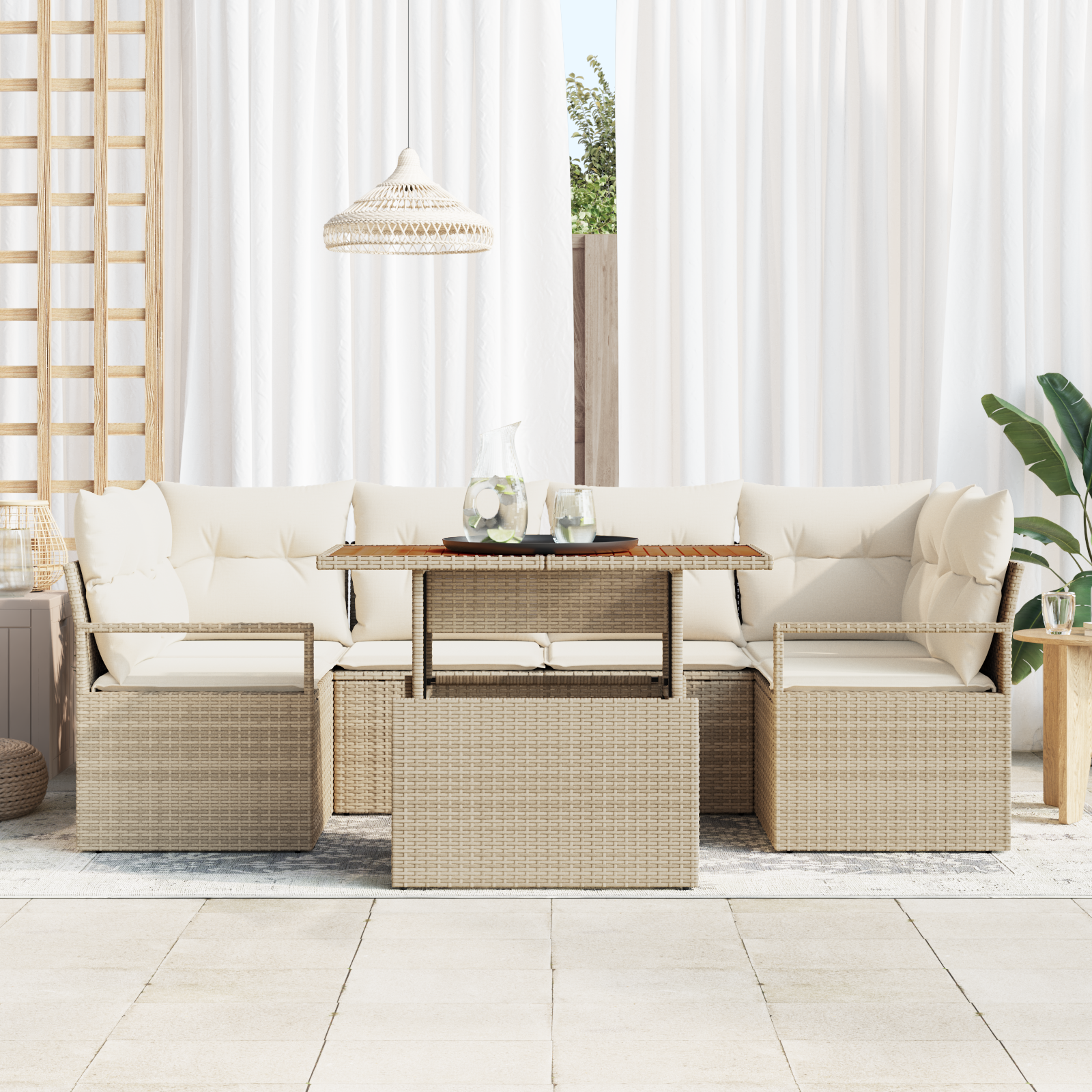 vidaXL 7-delige tuinset met kussens - Beige Poly Rattan en Acacia