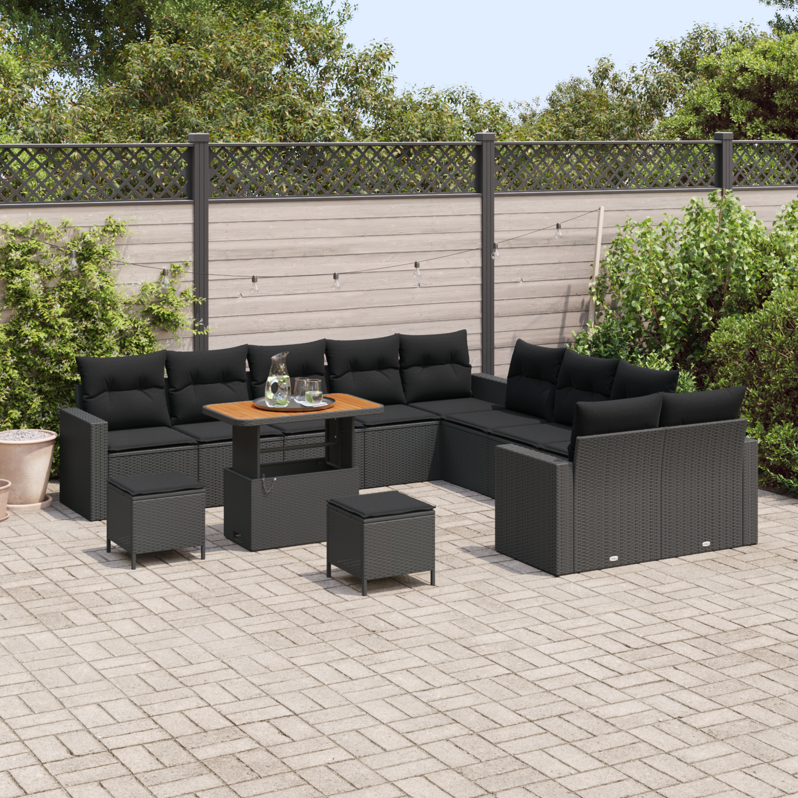 vidaXL 13-delige tuinset met kussens - zwart poly riet, acacia