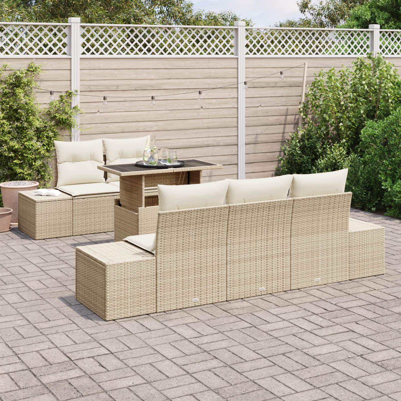 vidaXL 6-delige Tuinbankenset met kussens poly rattan beige