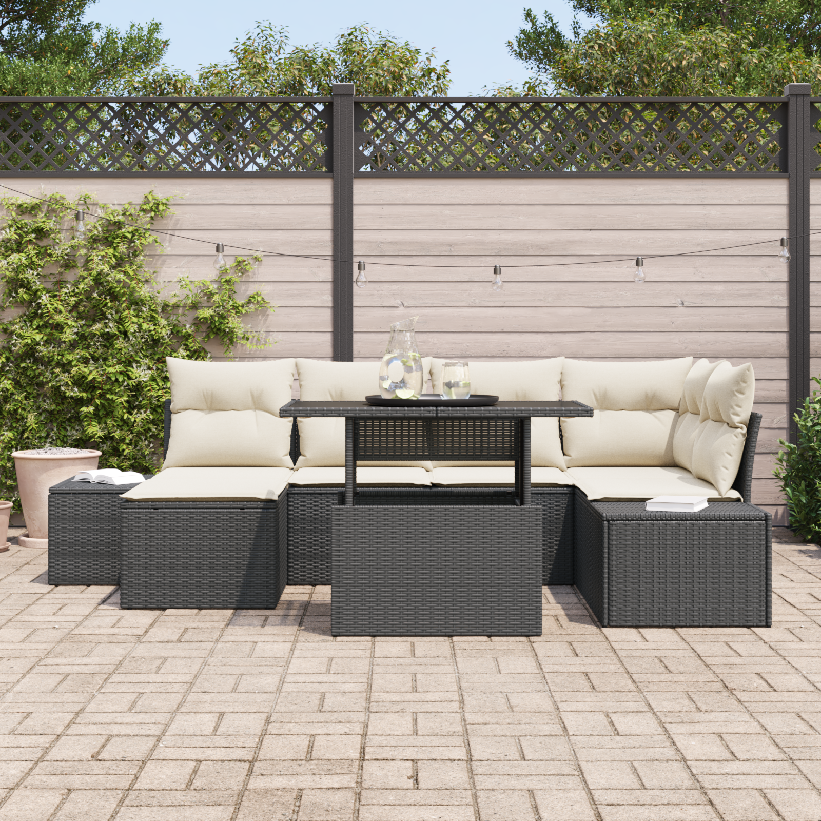 vidaXL 7-delige Tuinbankenset met kussens poly rattan zwart
