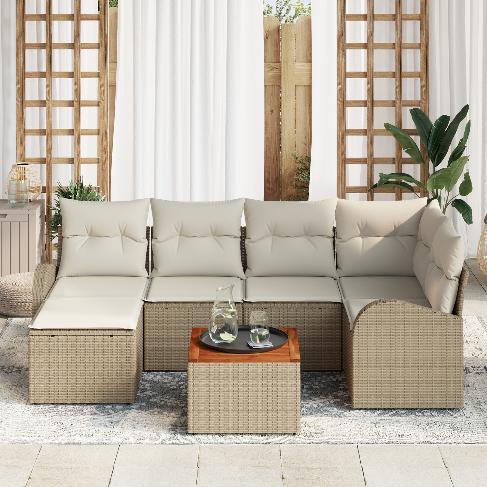 vidaXL 7-delige Tuinbankenset met kussens poly rattan acacia beige